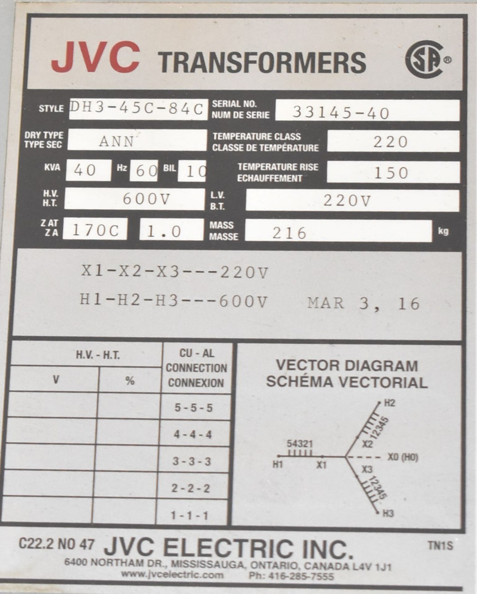 JVC DH3-45C-84C 40 KVA TRANSFORMER, 600-220V/3PH/60HZ, S/N 33145-40 (CI) [RIGGING FEES FOR LOT #57 - - Image 2 of 2