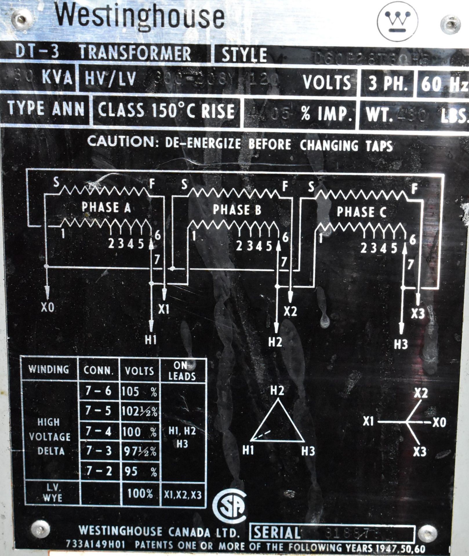 WESTINGHOUSE DT-3 60 KVA TRANSFORMER, 600-206-120V/3PH/60HZ, S/N 318373 (CI) [RIGGING FEES FOR - Image 2 of 2