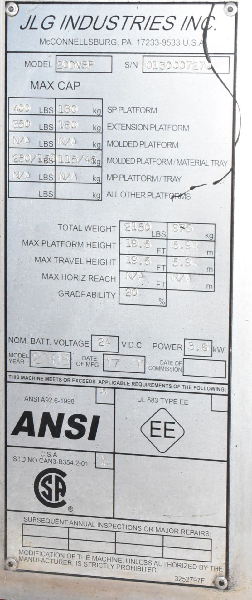 JLG (2005) 20DVSP 24V ELECTRIC MAN LIFT WITH 19.5' MAX LIFT HEIGHT, 400 LB CAPACITY, 651 HOURS ( - Image 7 of 14