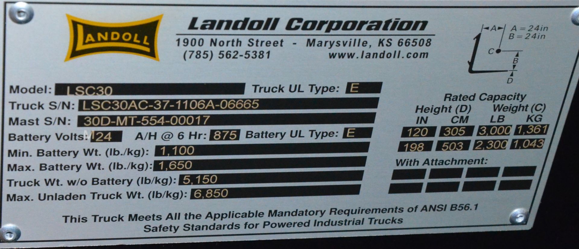 DREXEL LANDOLL (2012) LSC30 24V ELECTRIC STAND-UP COUNTERBALANCE FORKLIFT WITH 3,000 LB CAPACITY, - Image 6 of 10