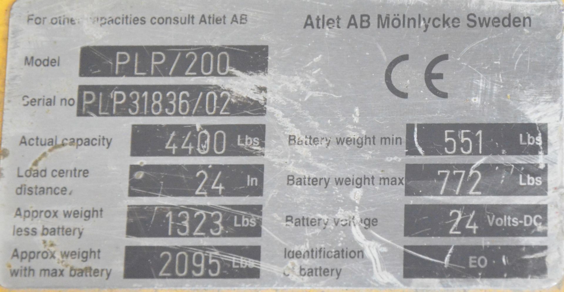 ATLET AB PLP/200 24V ELECTRIC RIDE-ON PALLET TRUCK WITH 4,400 LB CAPACITY, 6" MAX LIFT HEIGHT, 233 - Image 2 of 3