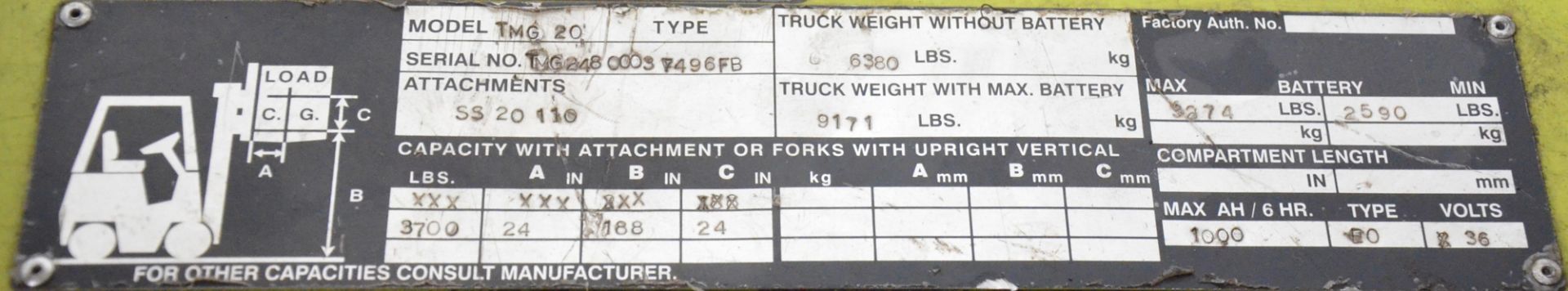 CLARK TMG 20 36V ELECTRIC 3-WHEEL COUNTERBALANCE FORKLIFT WITH 3,700 LB CAPACITY, 188" MAX - Image 4 of 8