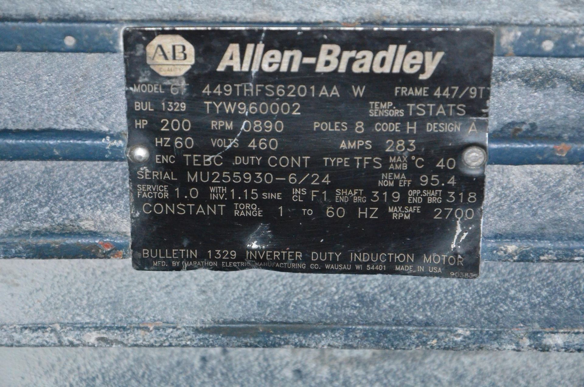 ALLEN BRADLEY ELECTRIC MOTOR WITH 200HP/890RPM/460V/3PH/60HZ, S/N MU255930-6/24 (CI) - Image 3 of 3