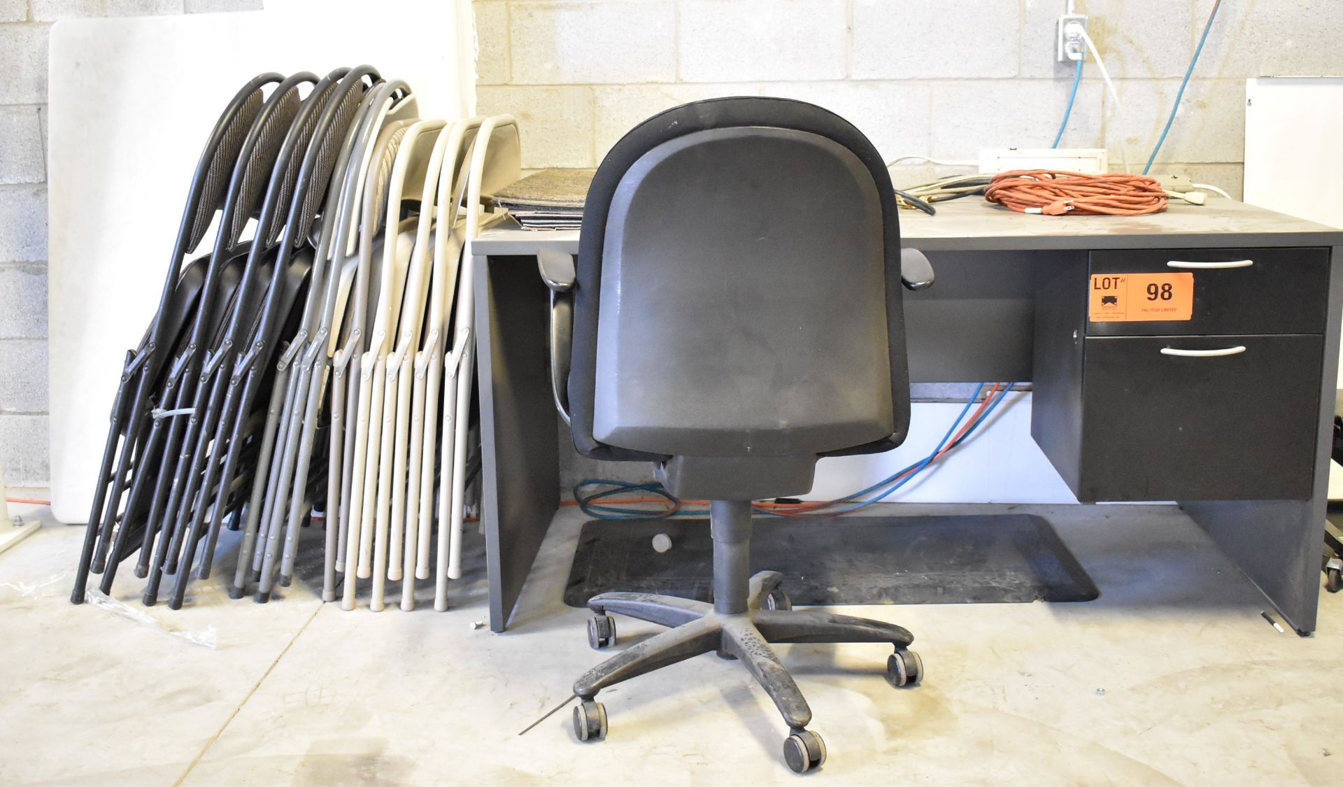 LOT/ OFFICE DESK, OFFICE CHAIR, FOLDING CHAIRS, TABLE AND POWER BARS