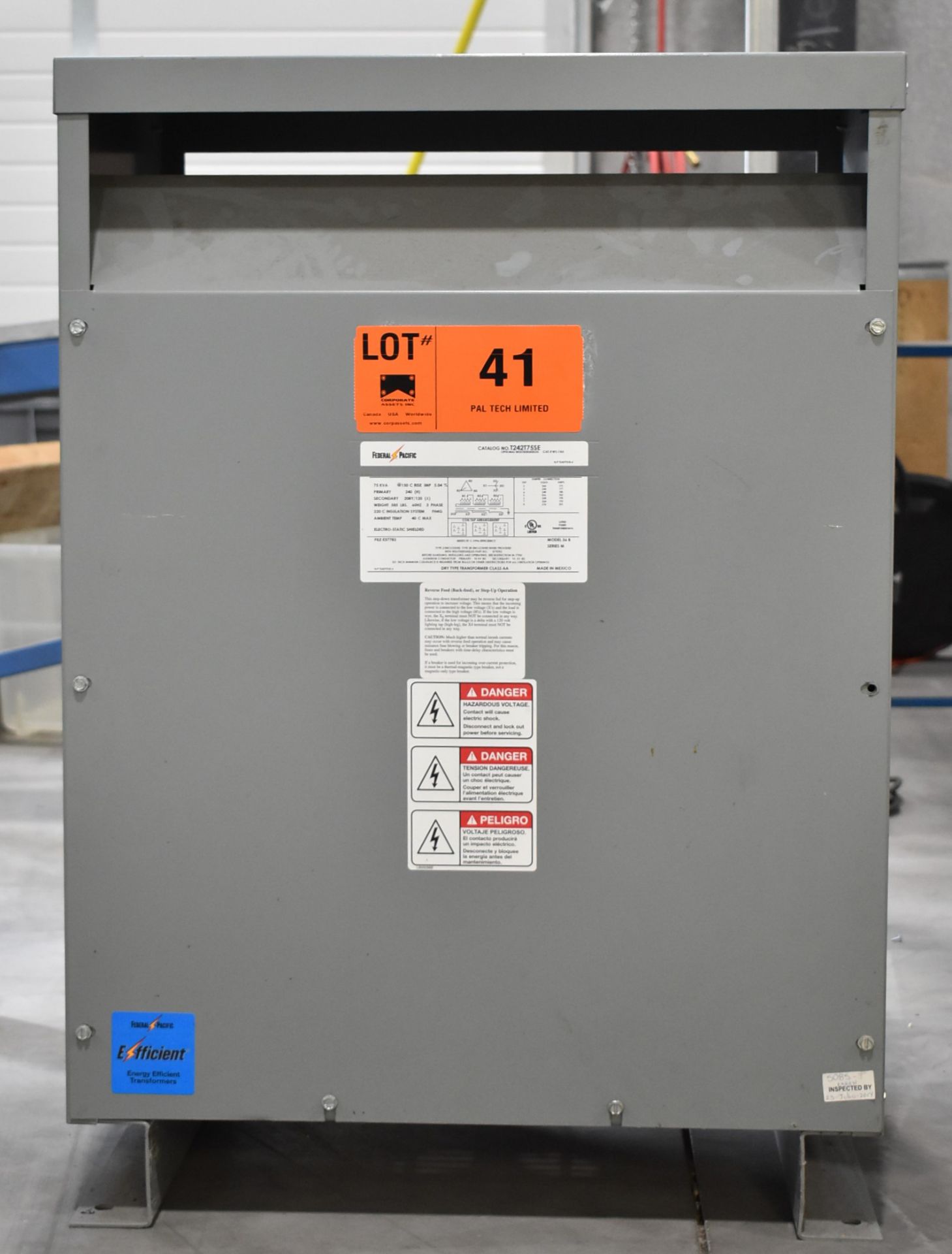 FEDERAL PACIFIC MODEL 36B 75 KVA TRANSFORMER WITH 240HV/208Y-120LV/3PH/60HZ, S/N N/A