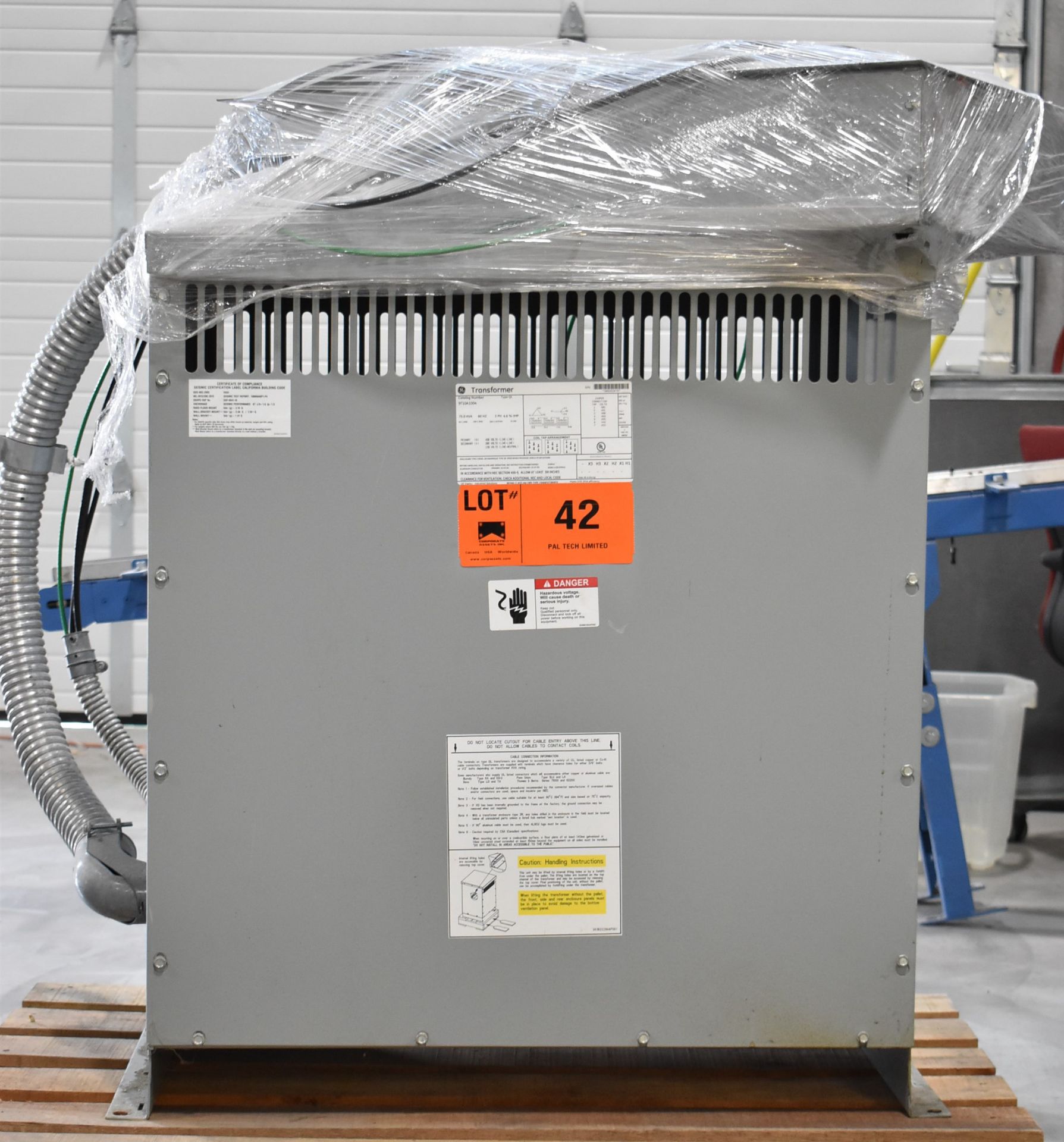 GE (2016) 9T10A1004 75 KVA TRANSFORMER, 480-208-120V/3PH/60HZ, S/N *1M0002K1E*