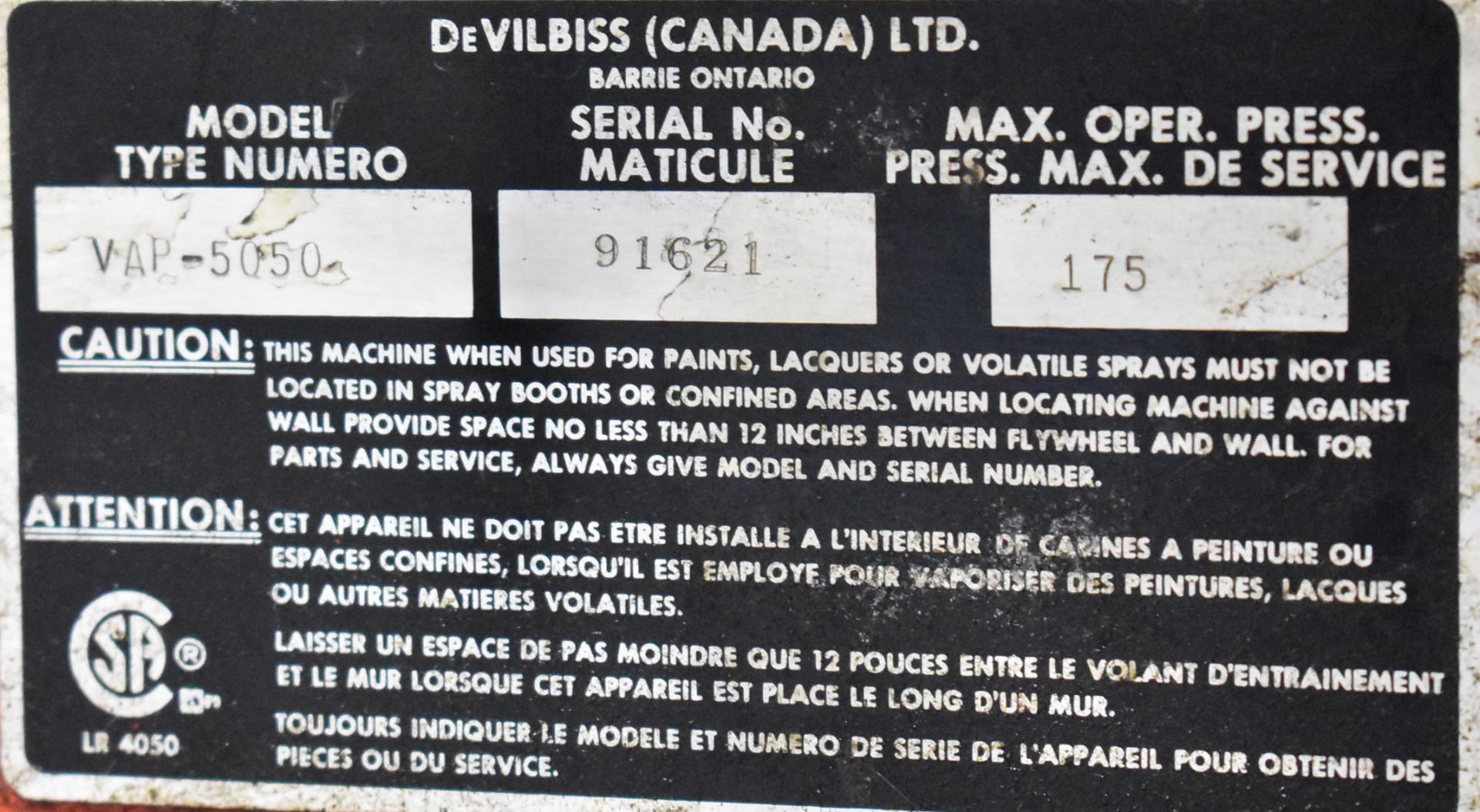 DEVILBISS VAP-5050 7.5 HP AIR COMPRESSOR WITH 175 PSI MAX OPERATING PRESSURE, S/N 91621 (CI) ( - Image 2 of 4