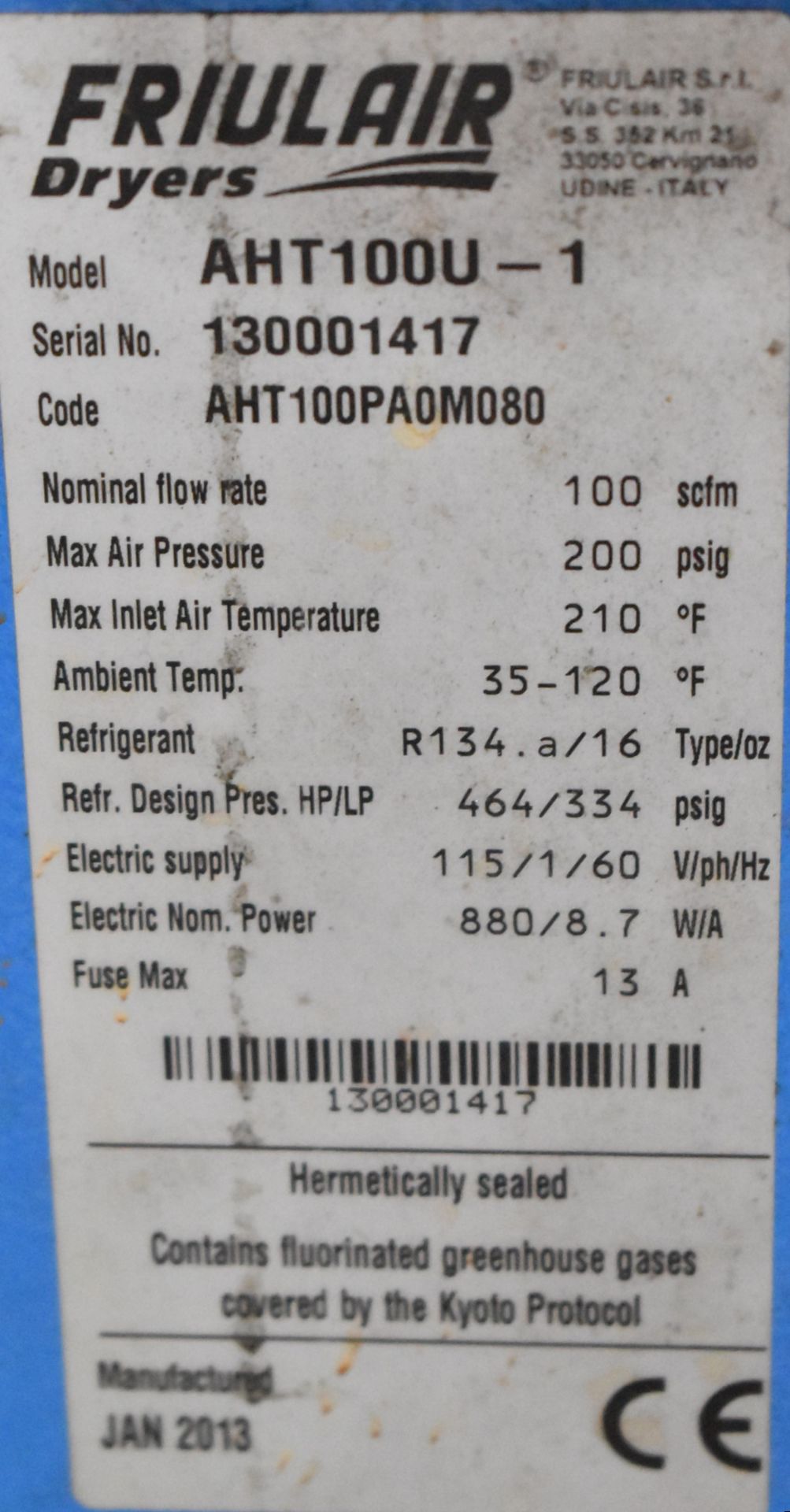 FRIULAIR (2013) AHT100U-1 PURESTREAM AIR DRYER WITH 200 PSIG MAX AIR PRESSURE, 115V/1PH/60HZ, S/N - Image 3 of 3