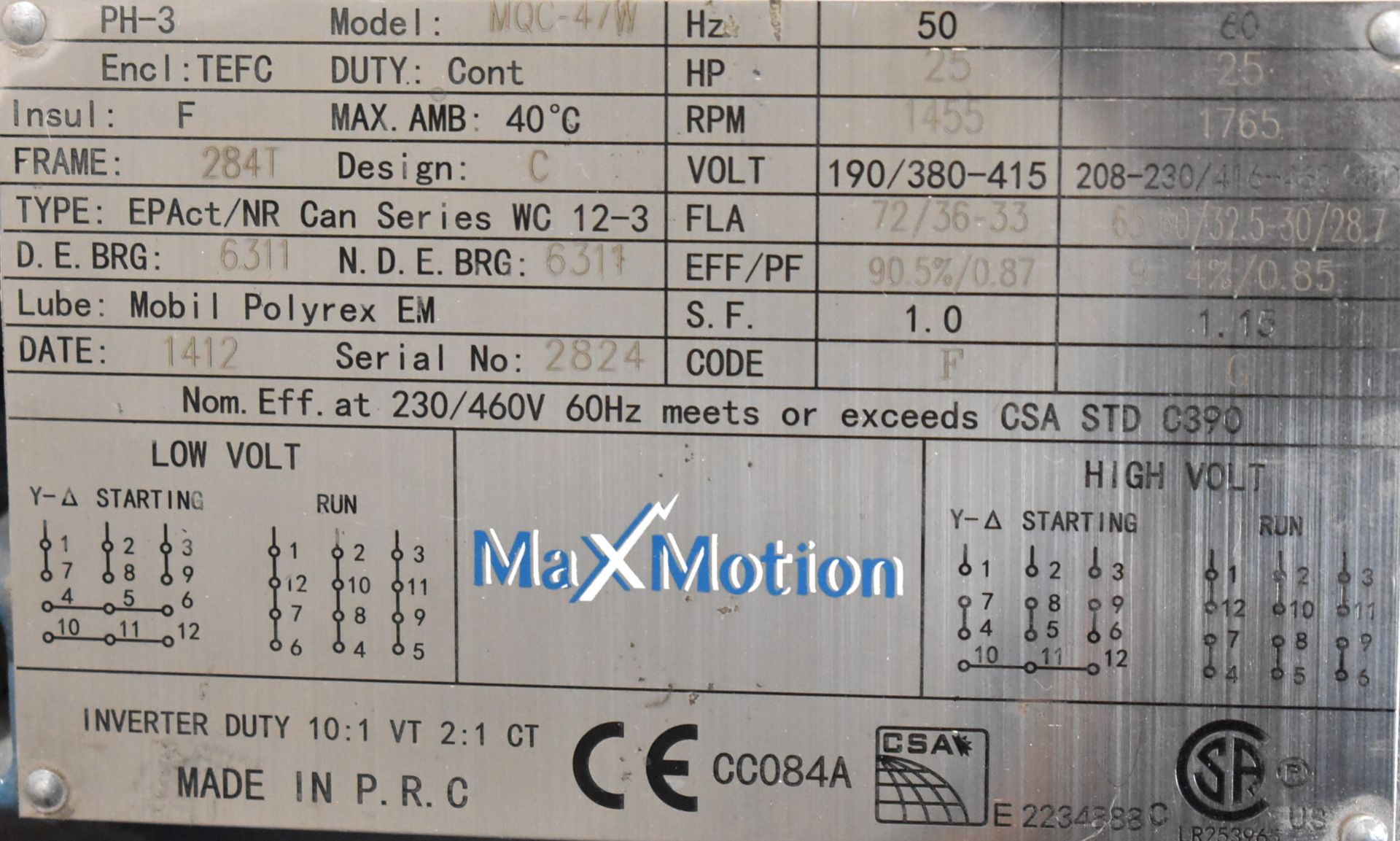 MFG. UNKNOWN 25 HP AIR COMPRESSOR WITH 200 PSI MAX OPERATING PRESSURE, S/N 6896978 (CI) (DELAYED - Image 4 of 4