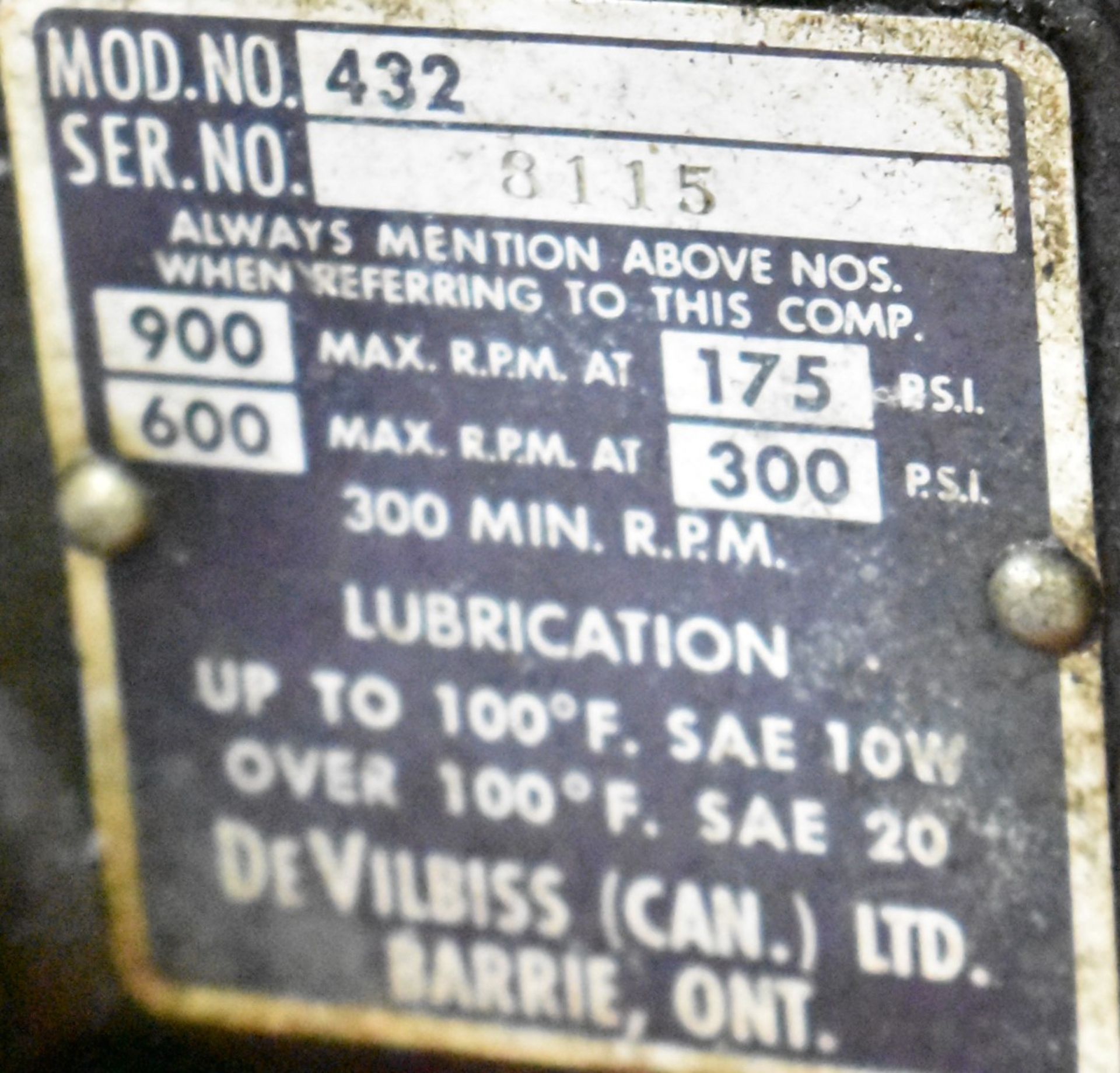 DEVILBISS VAP-5050 7.5 HP AIR COMPRESSOR WITH 175 PSI MAX OPERATING PRESSURE, S/N 91621 (CI) ( - Image 3 of 4