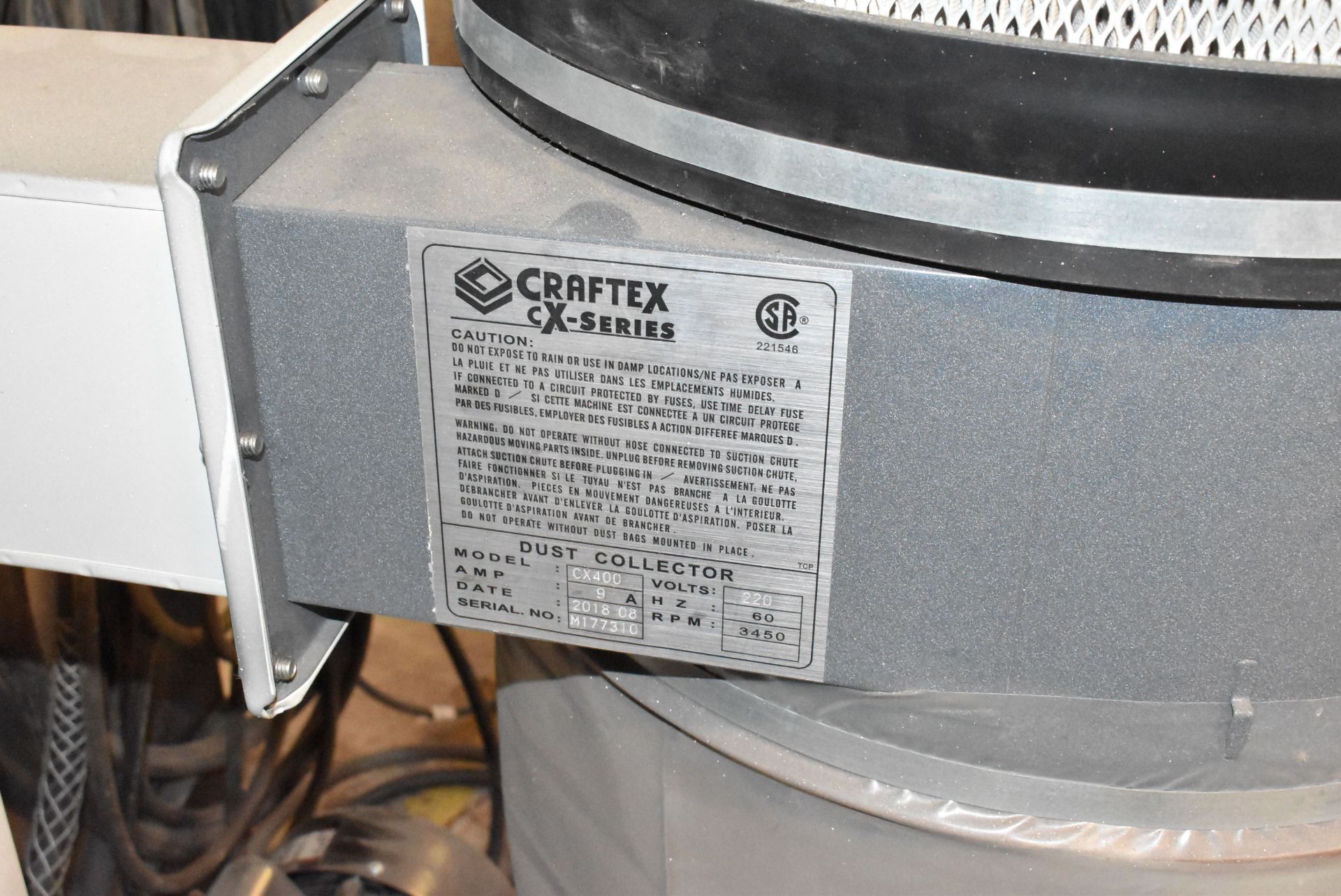 CRAFTEX (2018) CX-SERIES CX400 BAG TYPE DUST COLLECTOR, 220V/1PH/60HZ, S/N M177310 - Image 3 of 4