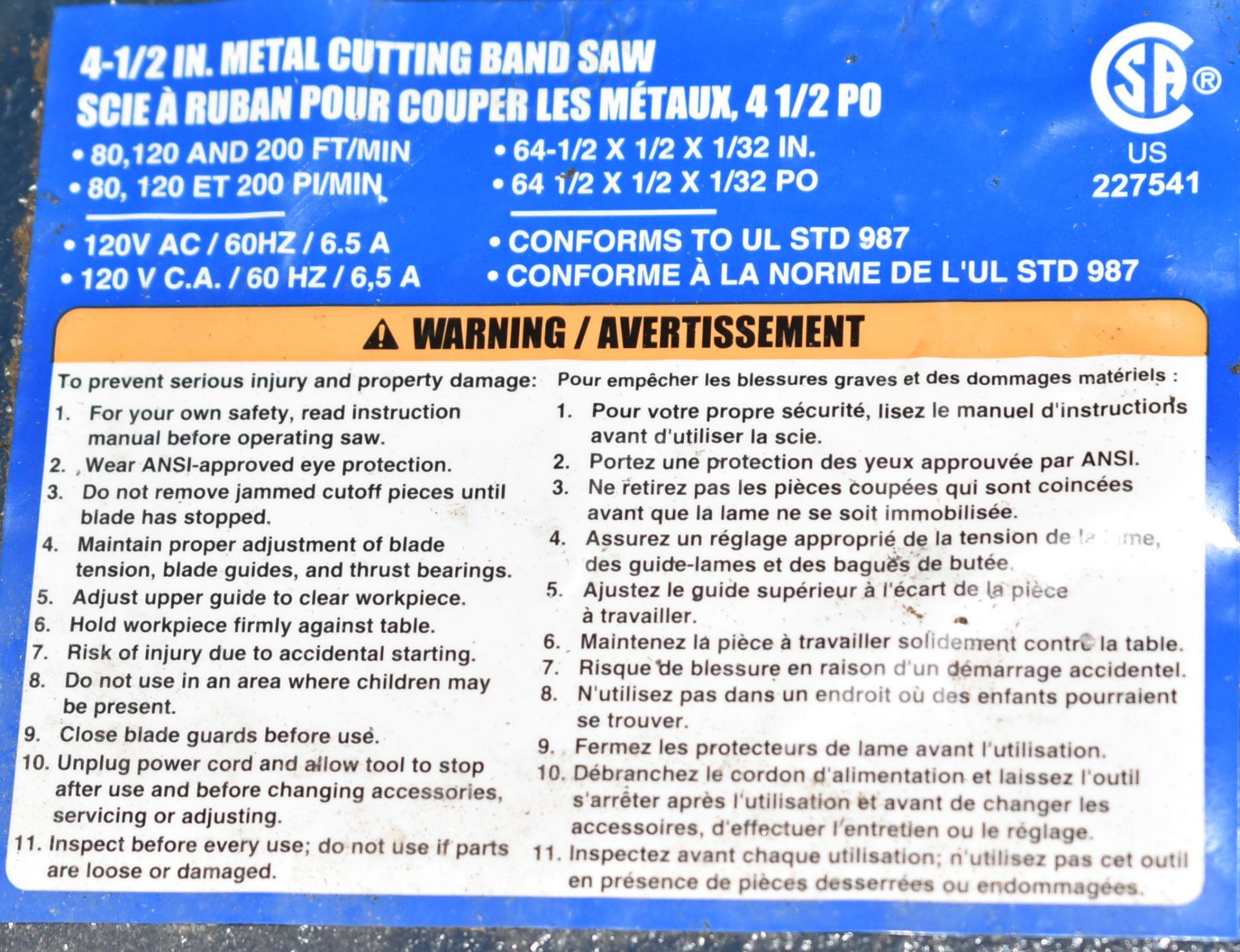 4-1/2" METAL CUTTING BANDSAW WITH 80, 120 AND 200 FT/MIN SPEEDS, S/N N/A - Image 3 of 3