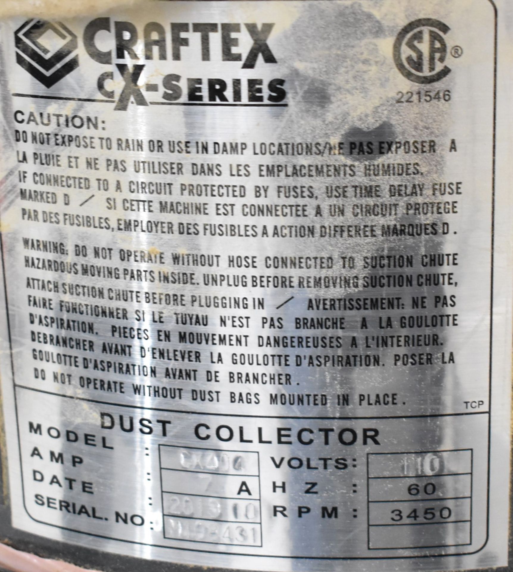 CRAFTEX CX404 PORTABLE BAG TYPE DUST COLLECTOR, S/N N/A - Image 2 of 2