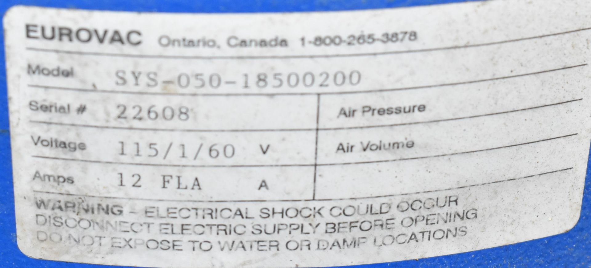 EUROVAC II SYS-050-18500200 PORTABLE FUME EXTRACTOR, S/N 22608 - Image 3 of 3