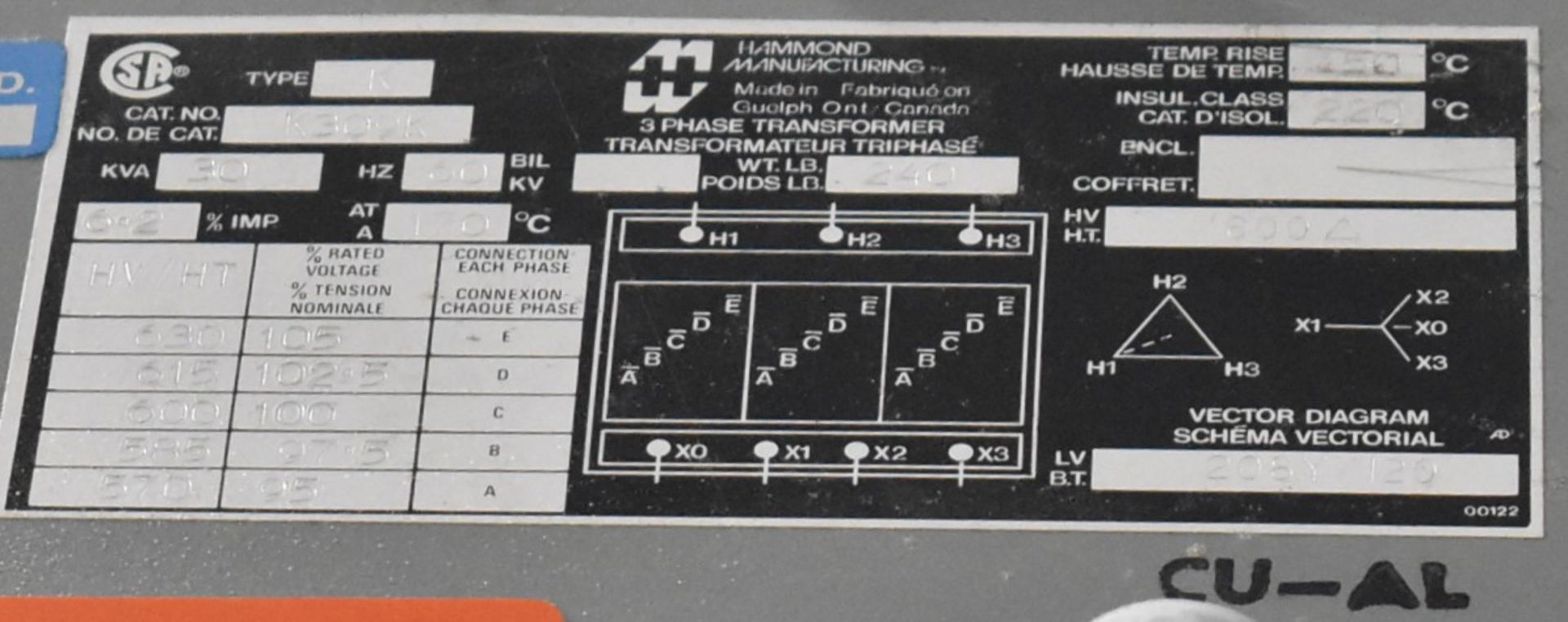 HAMMOND 30 KVA TRANSFORMER, 600-208V/3PH/60HZ, S/N N/A (CI) - Image 2 of 2