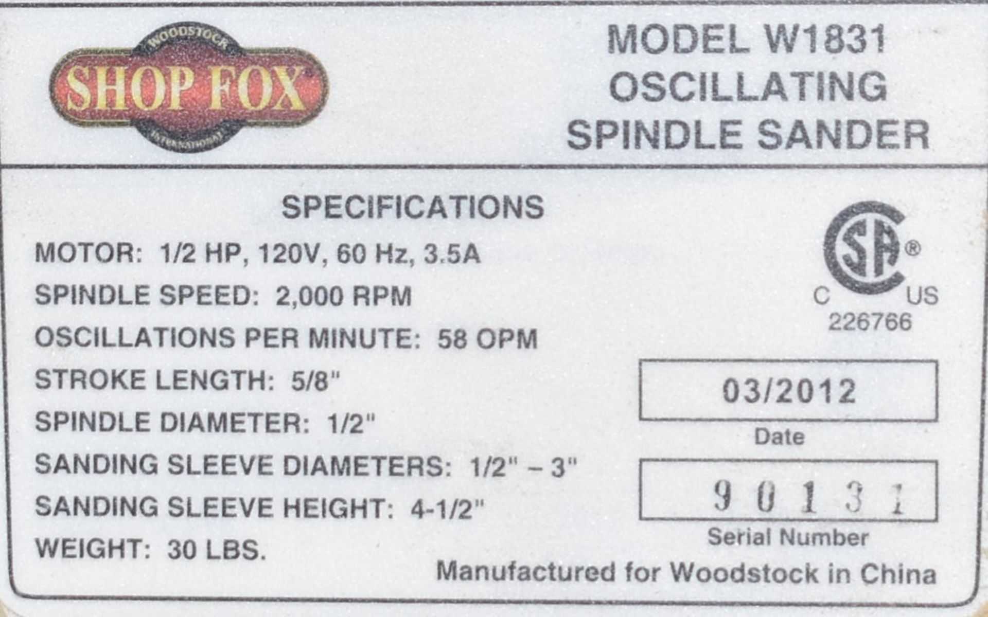 SHOP FOX W1831 OSCILLATING SPINDLE SANDER WITH ½" SPINDLE DIAMETER, 4-1/2" SANDING SLEEVE HEIGHT, - Image 3 of 3