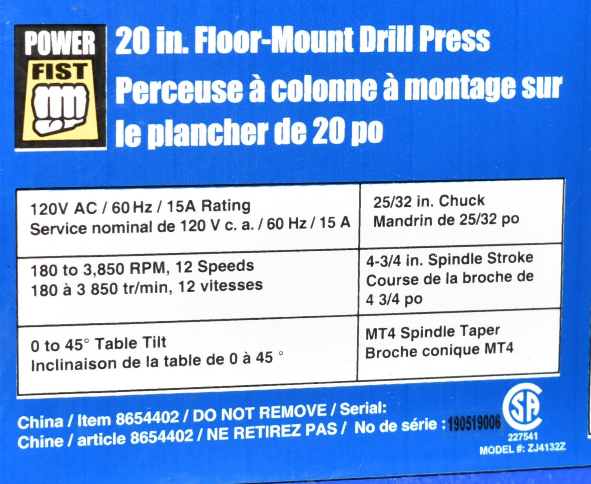 POWERFIST 20" FLOOR-TYPE DRILL PRESS WITH SPEEDS TO 3,850 RPM, 12-SPEED, S/N 190519006 - Image 3 of 3