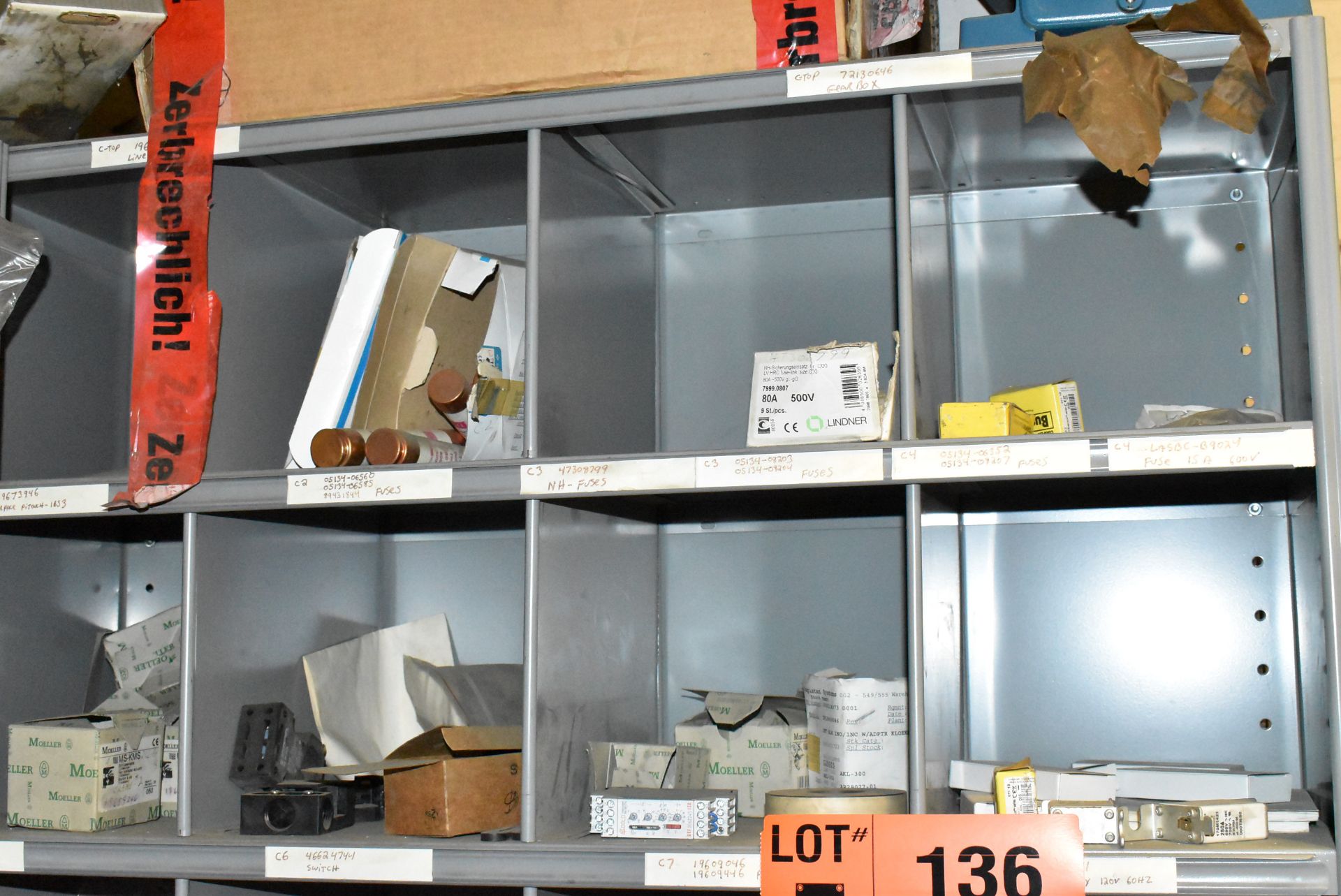 LOT/ SHELF WITH CONTENTS - INCLUDING DEMAG HOIST UNIT, BREAKERS, FUSES, ELECTRICAL COMPONENTS [ - Image 5 of 8