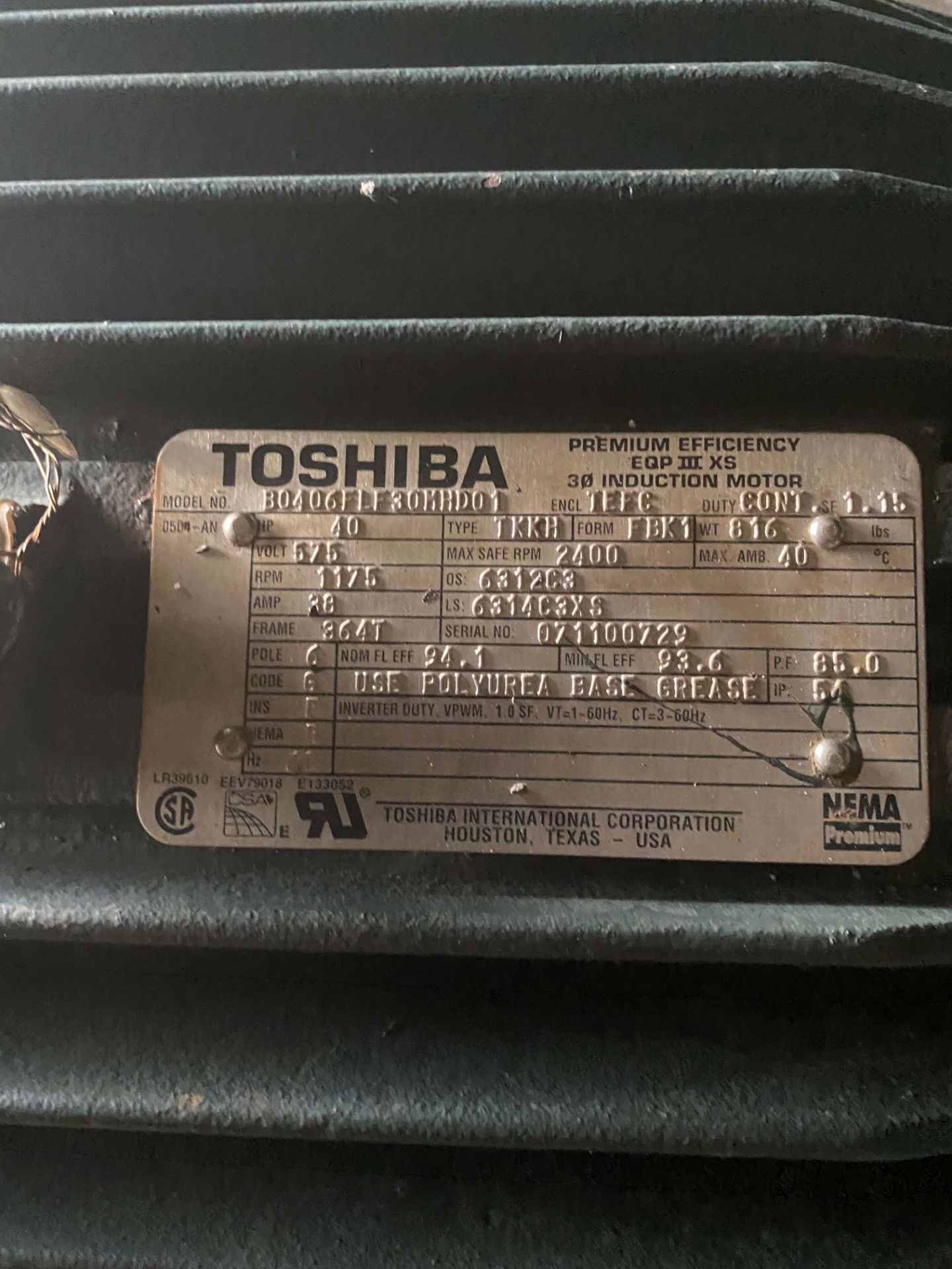 LOT/ ELECTRIC MOTORS - INCLUDING TOSHIBA 40 HP/1175 RPM/575V & WESTINGHOUSE TYPE CD 125V (LOCATED AT - Image 3 of 5