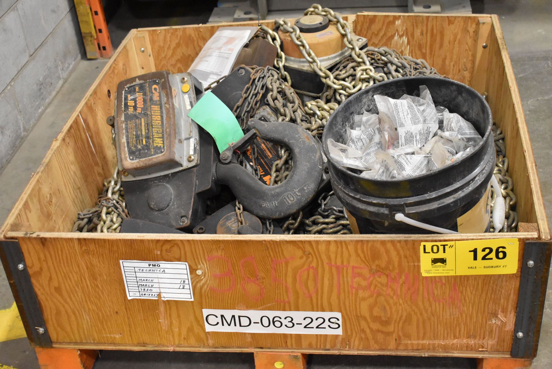LOT/ SKID WITH LIFTING SUPPLIES - INCLUDING (3) CM HURRICANE 10 TON HOISTS, CHAIN FALLS, CLEATS (CMD