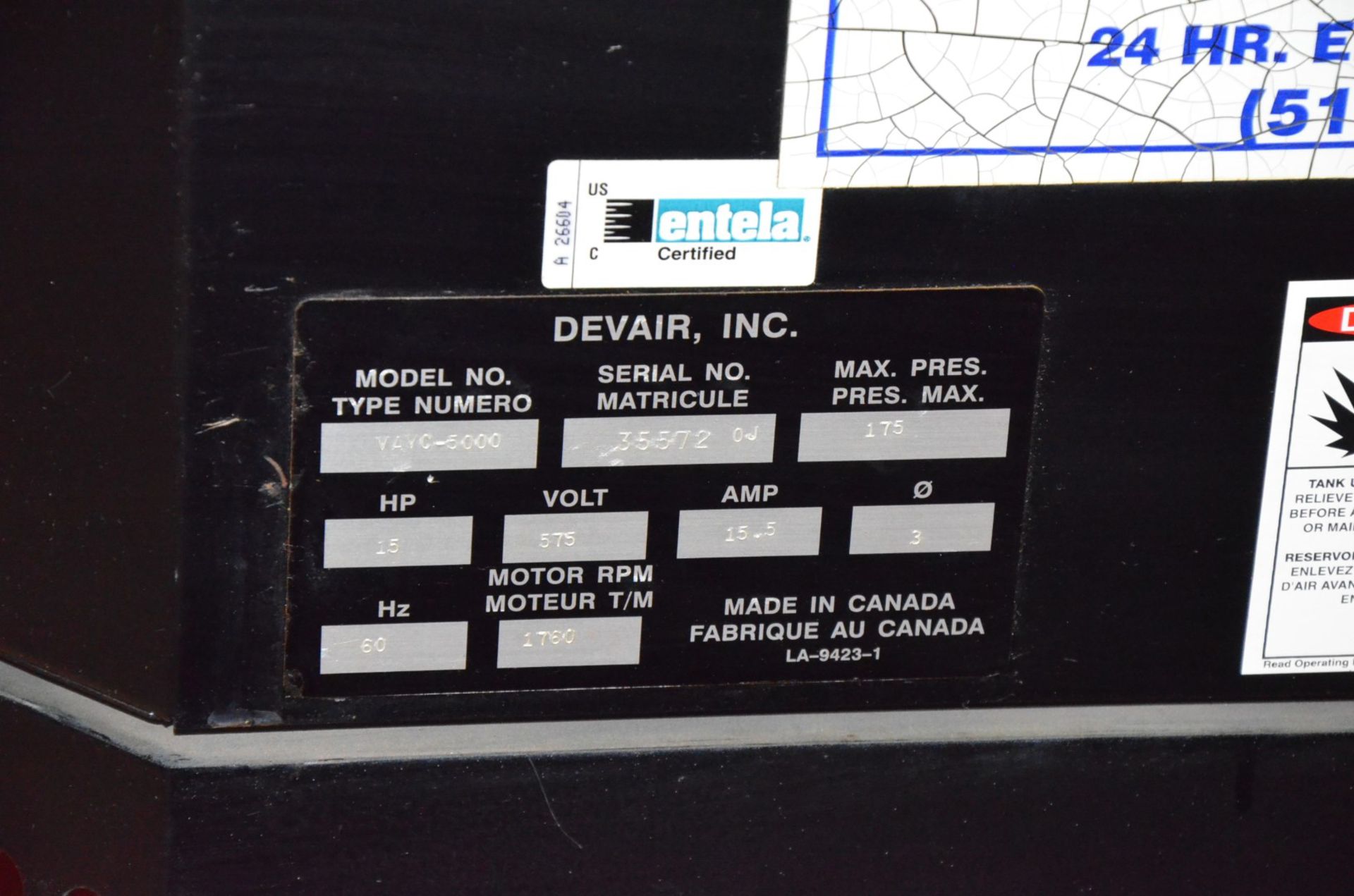 DEVAIR VAVC-5000 15 HP AIR COMPRESSOR WITH 175 MAX. PSI, 1760 RPM, 6,870 HOURS (RECORDED ON METER AT - Image 5 of 6
