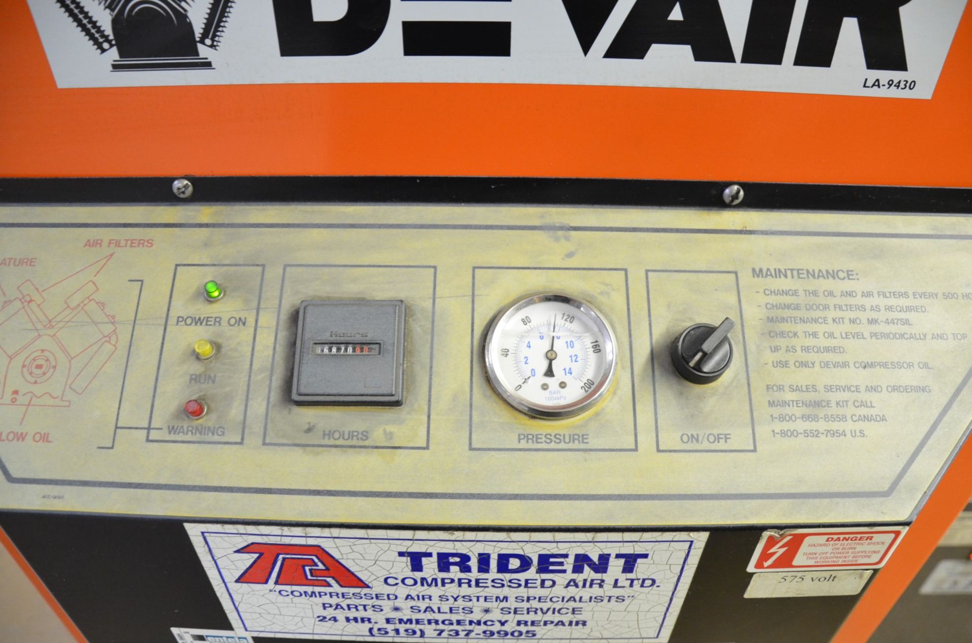 DEVAIR VAVC-5000 15 HP AIR COMPRESSOR WITH 175 MAX. PSI, 1760 RPM, 6,870 HOURS (RECORDED ON METER AT - Image 6 of 6