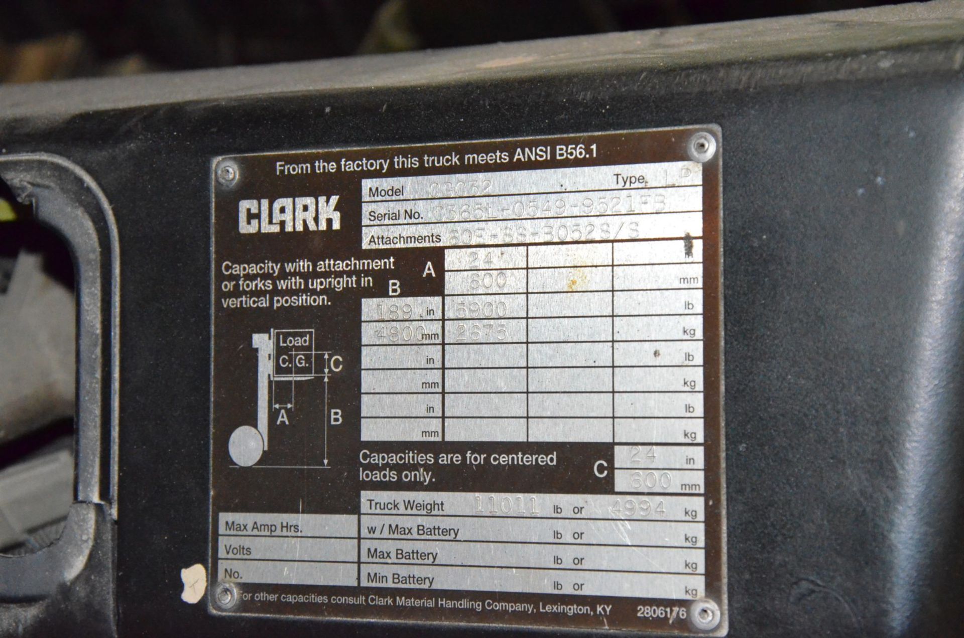 CLARK CGC32 5,900 LB. CAPACITY LPG FORKLIFT WITH 189" MAX. LIFT HEIGHT, 2-STAGE MAST, SIDE SHIFT, - Image 6 of 7