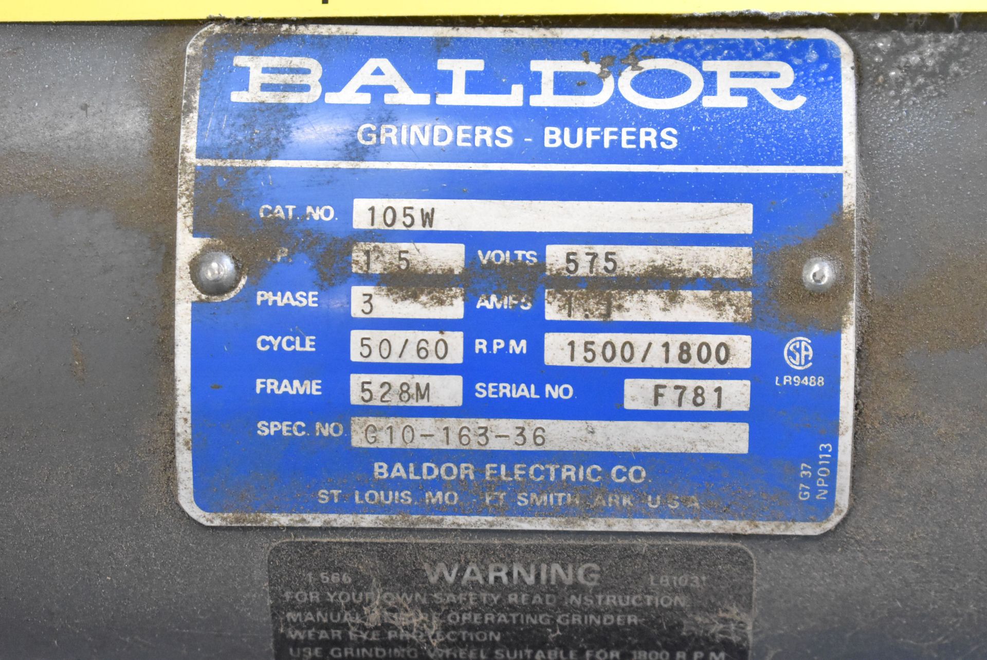 BALDOR DOUBLE END PEDESTAL GRINDER WITH 1.5 HP MOTOR, S/N F781 [RIGGING FEE FOR LOT #97 - $25 CAD - Image 3 of 3