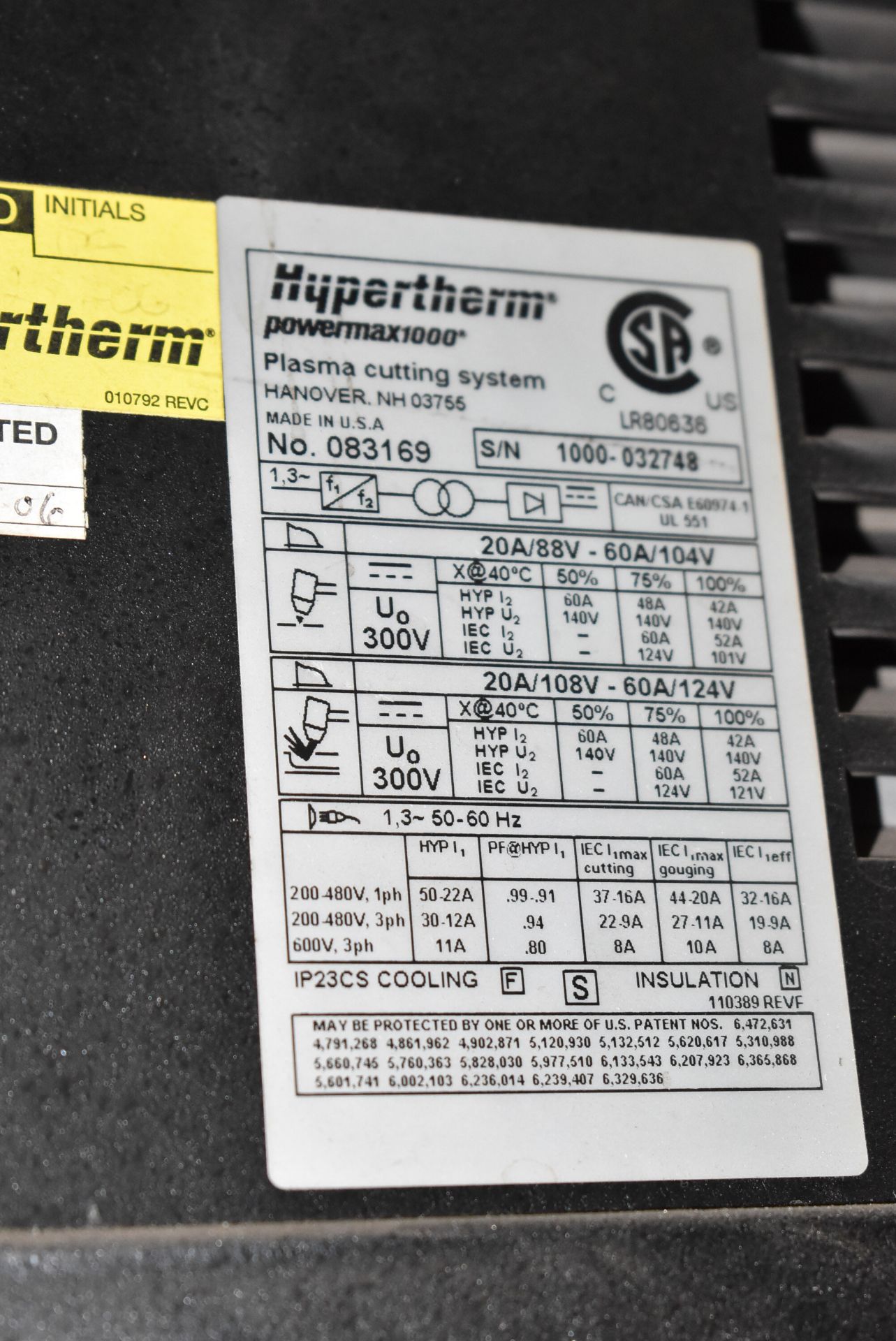 HYPERTHERM POWERMAX 1000 plasma cutting power source, s/n: 1000-032748 (CI) [RIGGING FEE FOR LOT #19 - Image 3 of 3