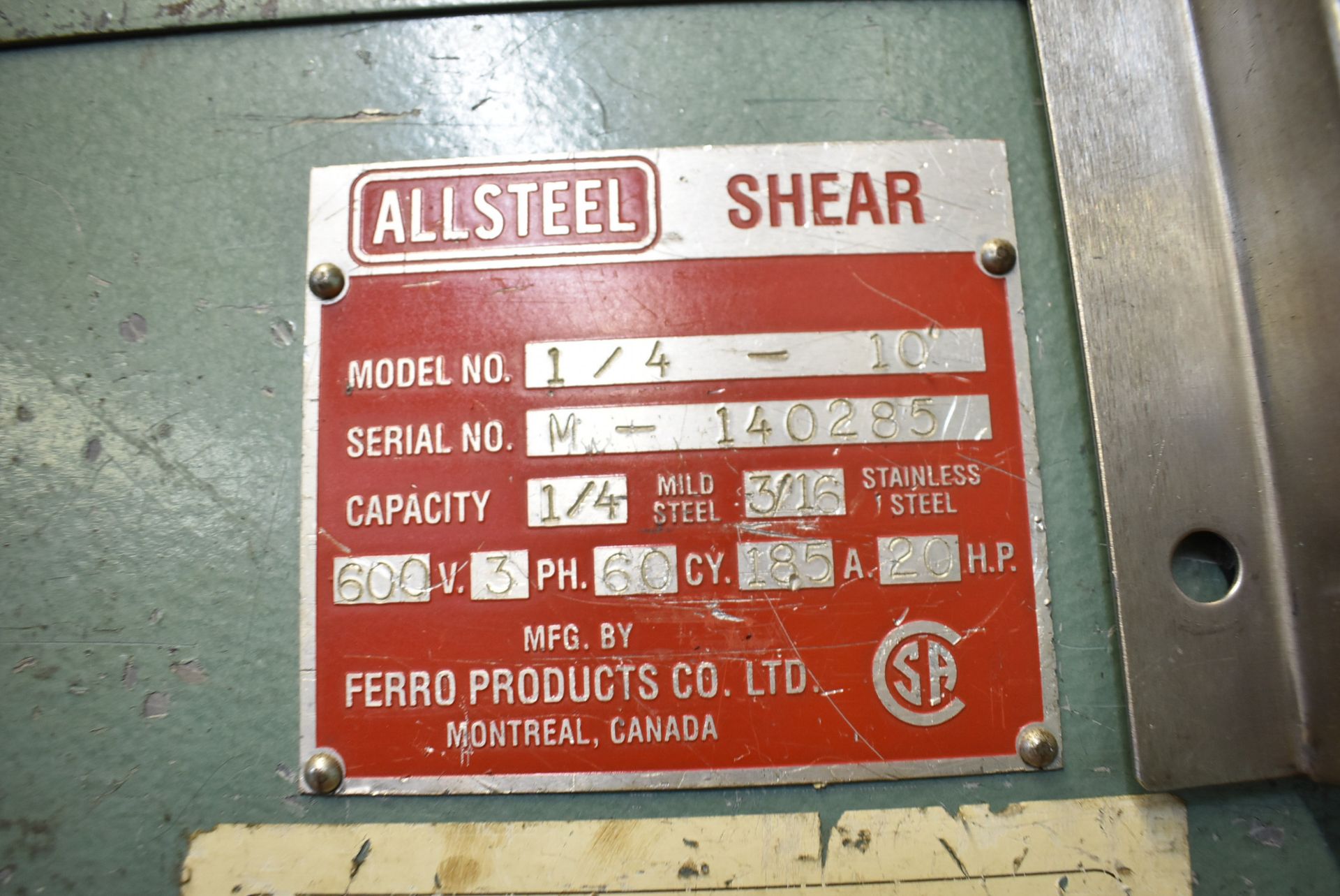 ALLSTEEL 1/4"-10' hydraulic shear with 1/4" mild steel & 3/16" stainless steel capacities, back - Image 3 of 4