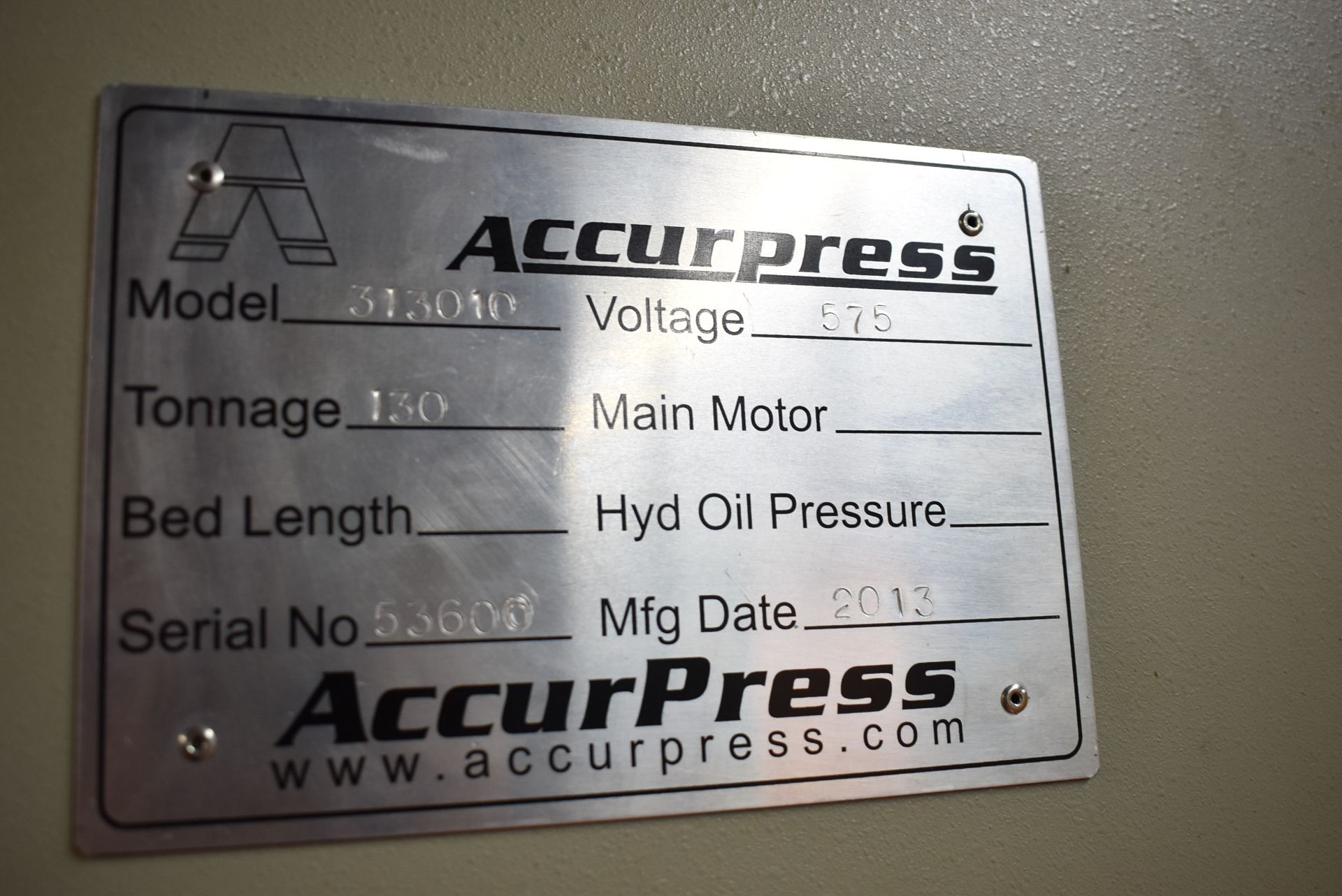 ACCURPRESS (2013) ABSOLUTE 313010 130 ton 3-axis CNC press brake with DELEM DA-56 CNC control, - Image 11 of 11