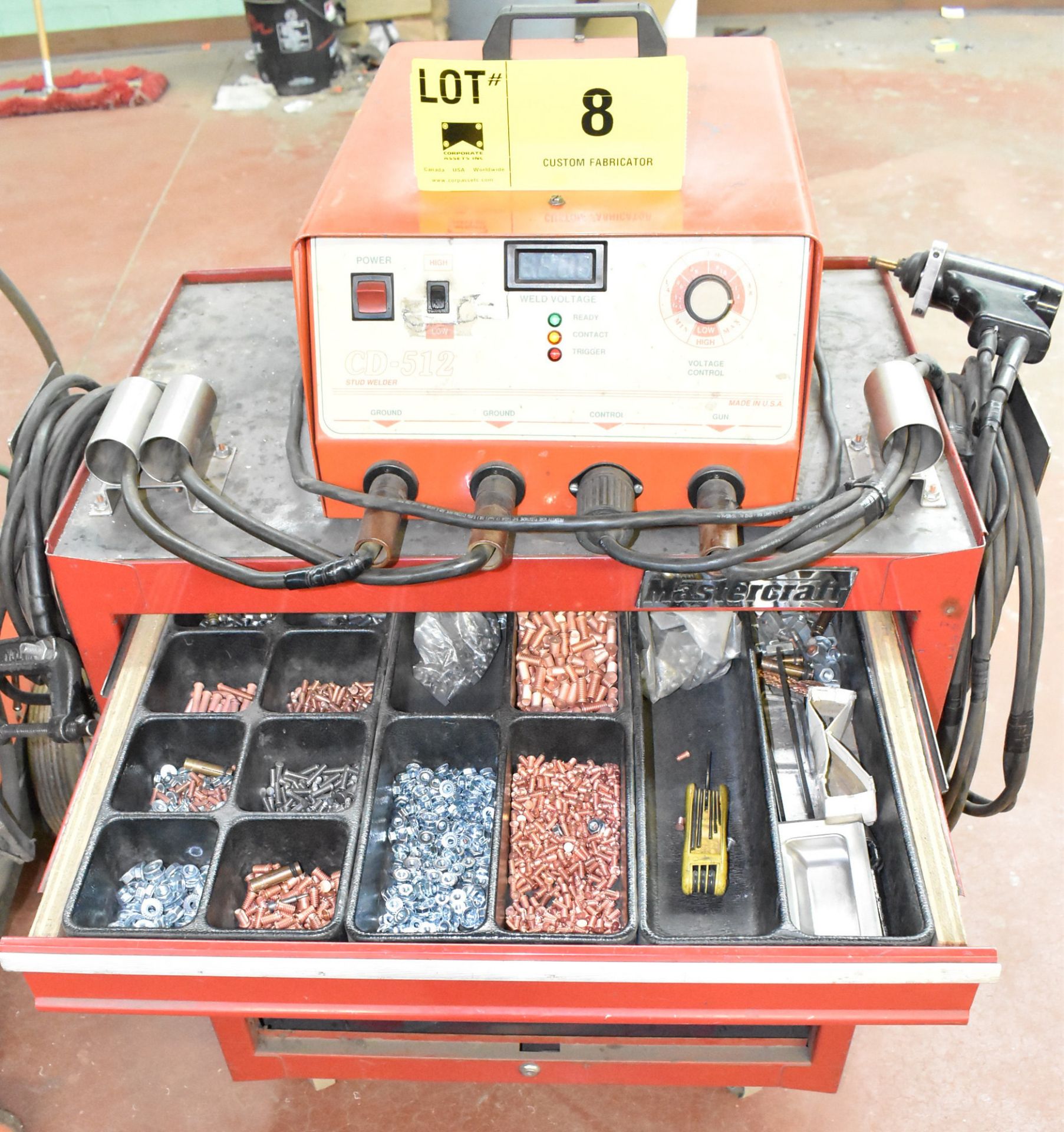 PRO WELD CD-512 digital stud welder with MASTERCRAFT rolling tool cart, s/n: 522-608-807 [RIGGING