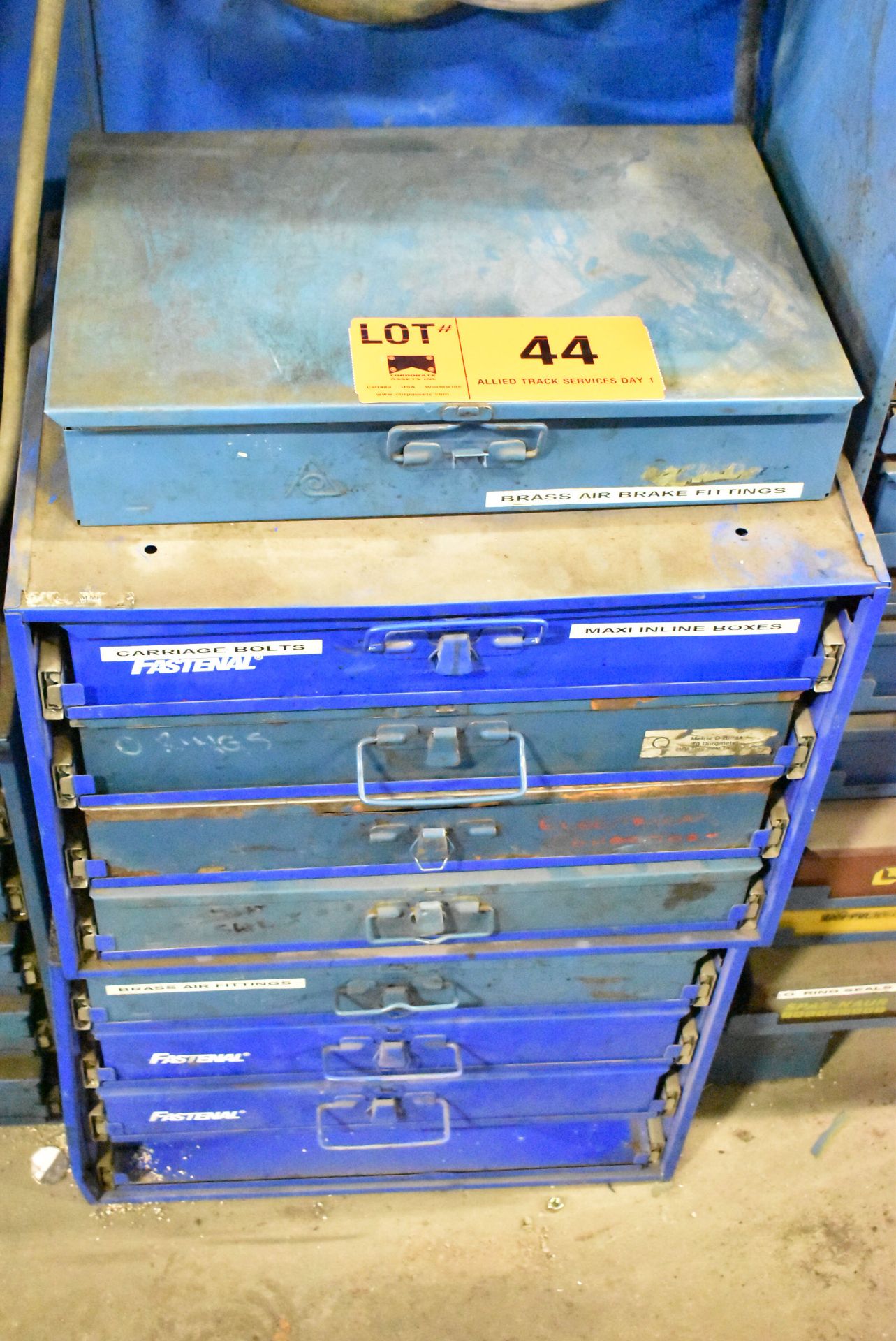 LOT/ INDEX CABINET WITH CONTENTS CONSISTING OF BRASS AIR BRAKE FITTINGS AND O-RINGS (LOCATED AT 1891