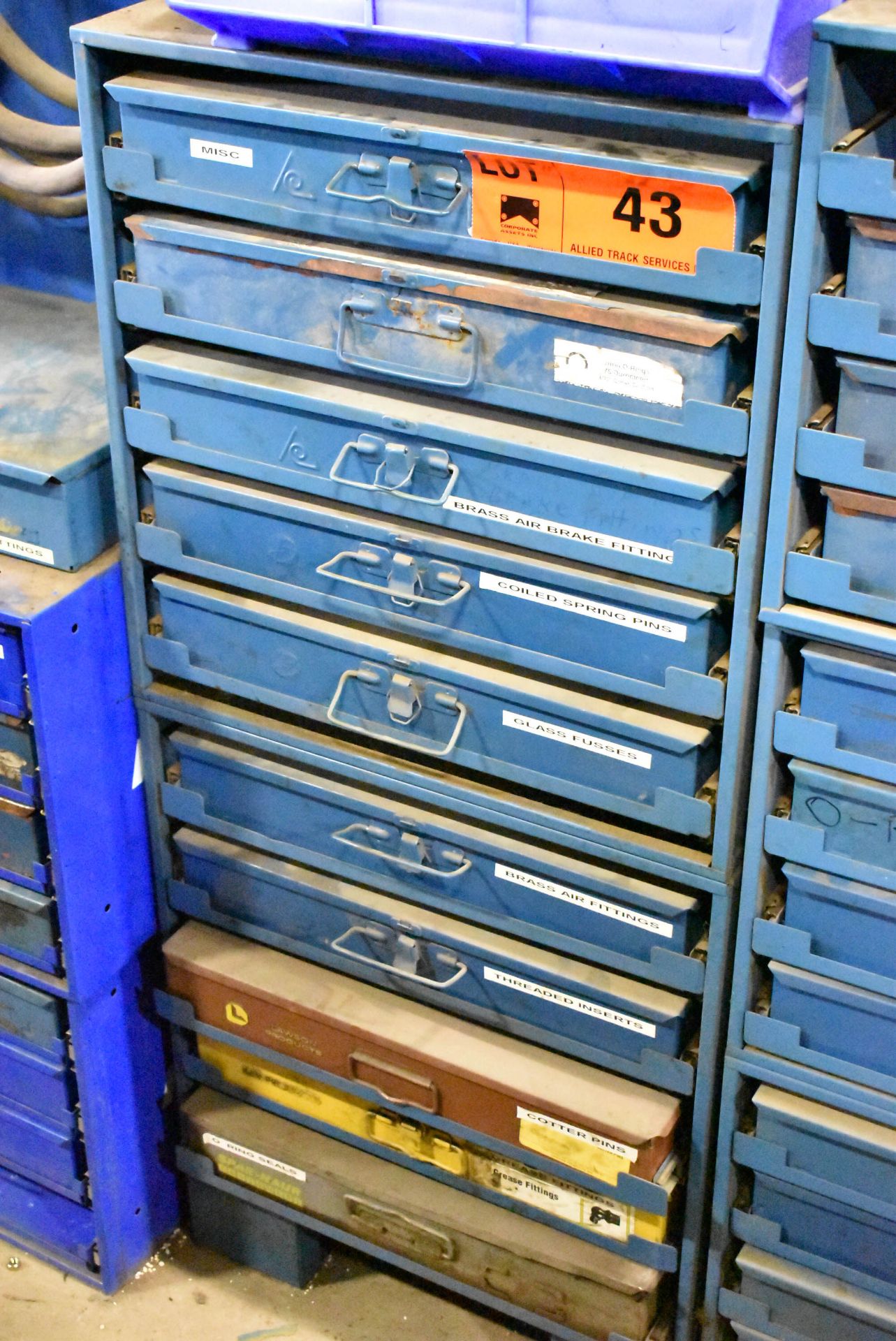 LOT/ INDEX CABINET WITH CONTENTS CONSISTING OF O-RINGS, BRASS AIR BRAKE FITTINGS, THREADED INSERTS