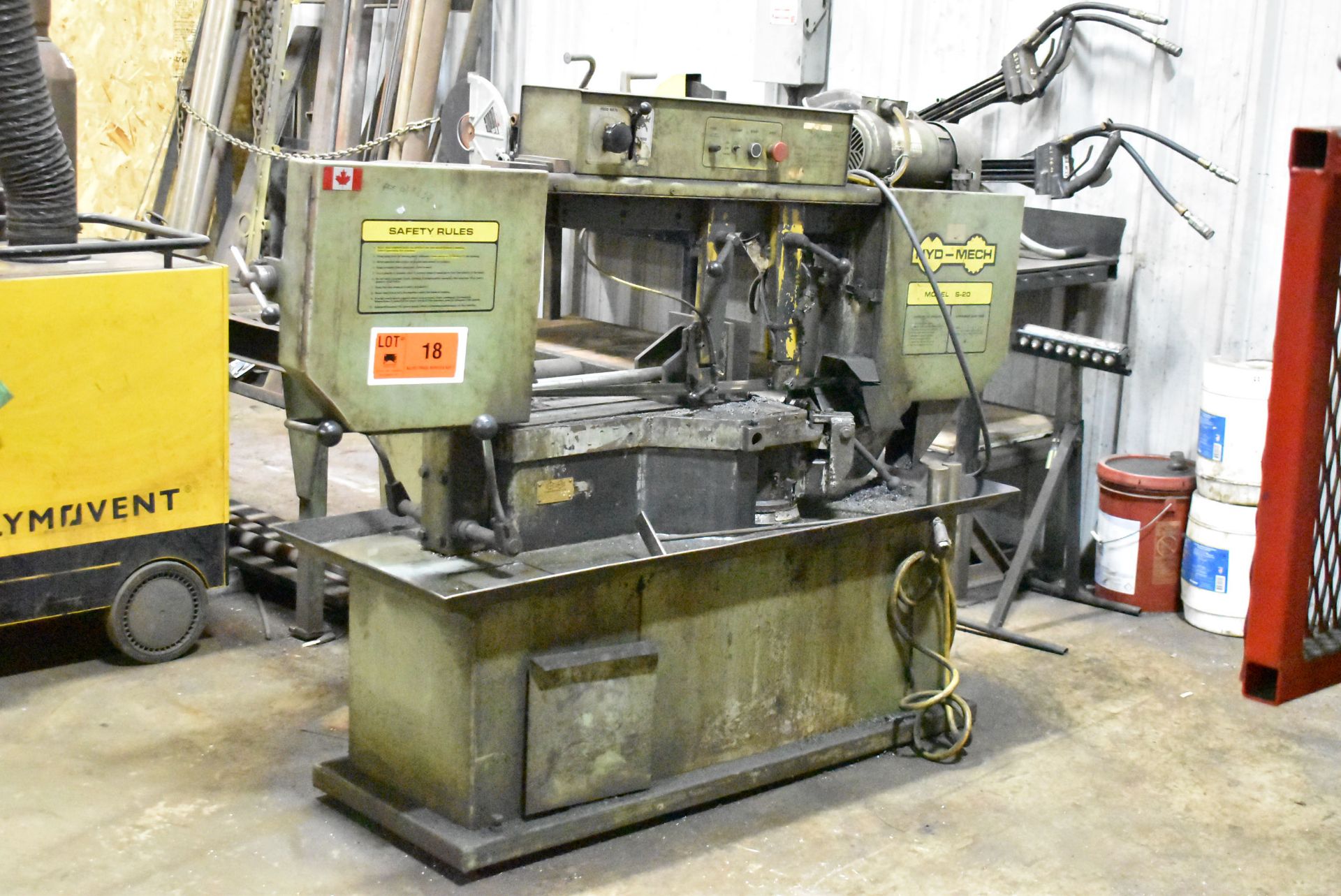 HYD-MECH S-20 HORIZONTAL METAL-CUTTING BANDSAW WITH MANUAL CLAMPING, 10' X 16" ROLLER CONVEYOR AND 2