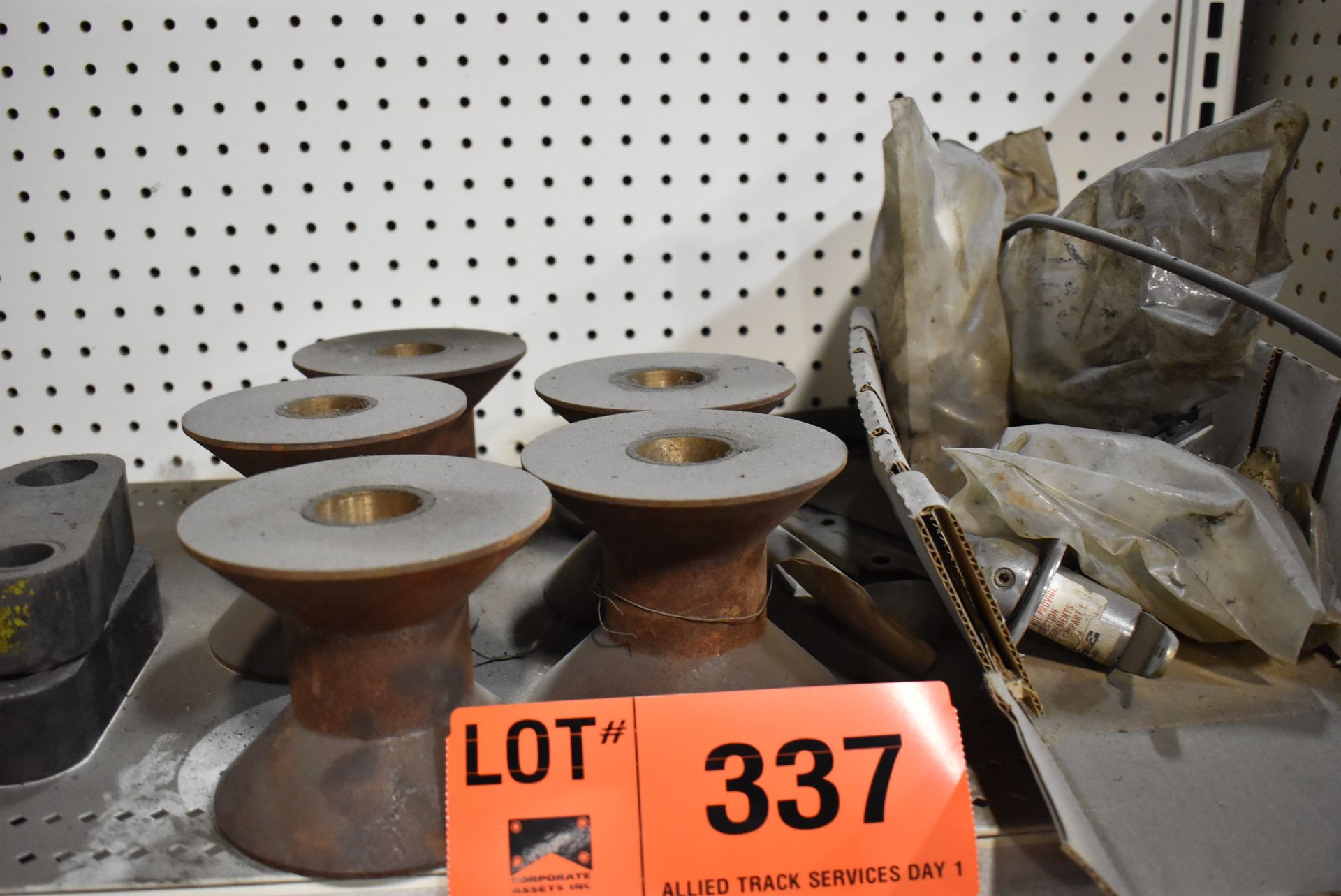 LOT/ CONTENTS OF RACK - BEARINGS, BUSHINGS, HARDWARE, GENSET PARTS, RAIL CART WHEELS AND - Image 2 of 5