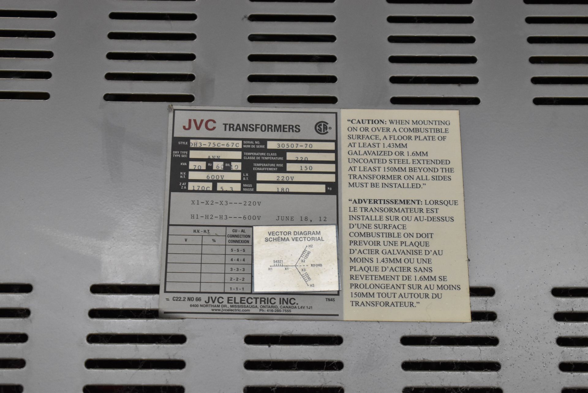 JVC 70 KVA TRANSFORMER WITH 600HV/220LV/3PH/60HZ, S/N: 30507-70 (CI)[RIGGING FEE FOR LOT #42 - $50 - Image 2 of 2