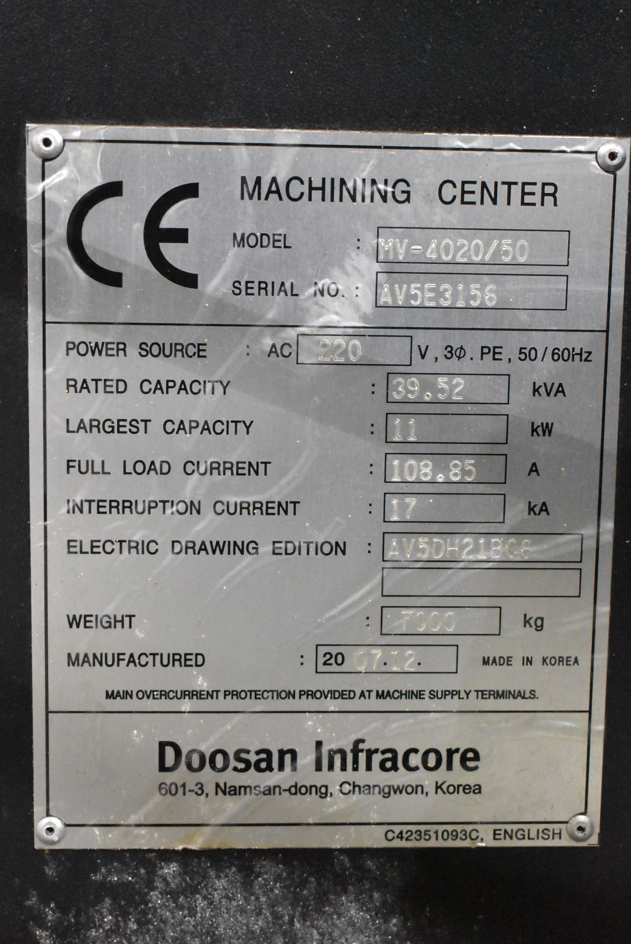DOOSAN (2007) MV4020/50 CNC VERTICAL MACHINING CENTER WITH FANUC SERIES 2TI-MB CNC CONTROL, 47" - Image 13 of 13