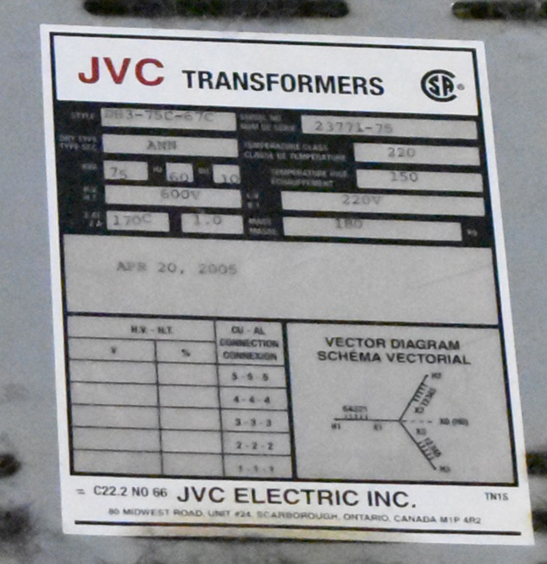 JVC 75 KVA TRANSFORMER WITH 600HV/220LV/3PH/60HZ, S/N: 23771-75 (CI)[RIGGING FEE FOR LOT #26 - $50 - Image 2 of 2