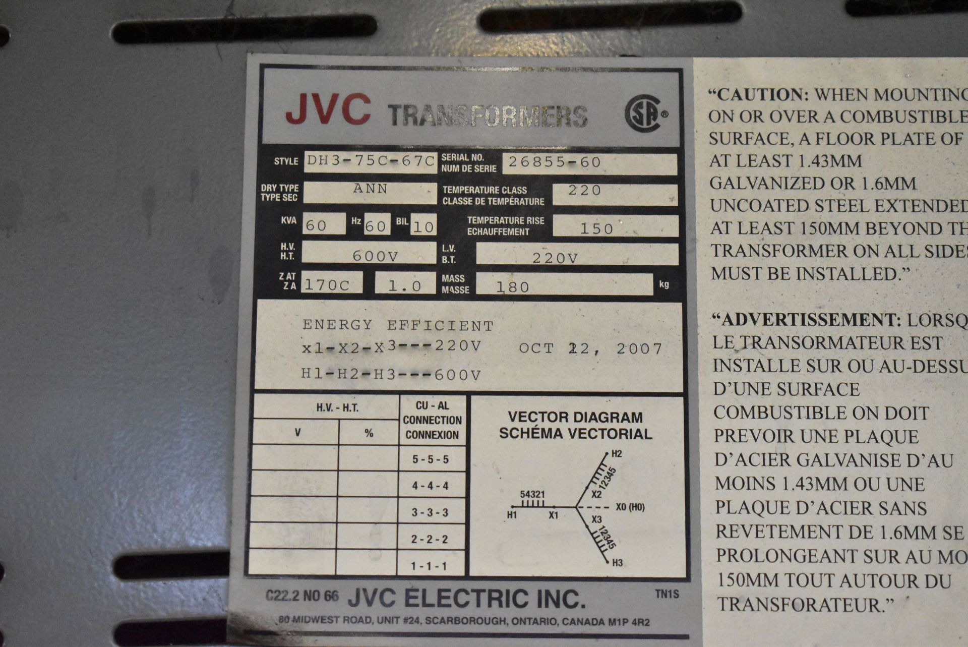 JVC 60 KVA TRANSFORMER WITH 600HV/220LV/3PH/60HZ, S/N: 26855-60 (CI)[RIGGING FEE FOR LOT #44 - $50 - Image 2 of 2
