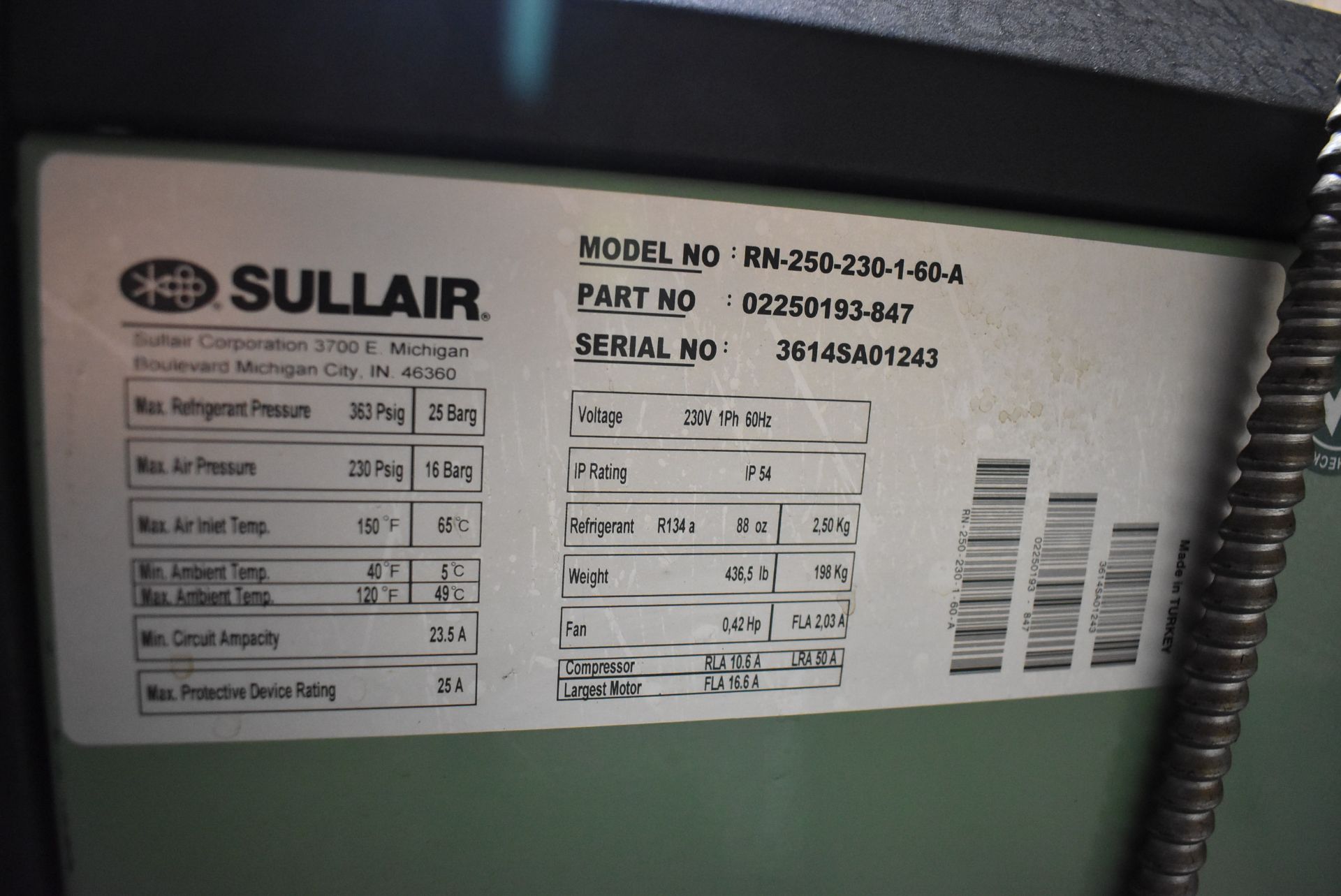 SULLAIR RN250 REFRIGERATED AIR DRYER WITH 230V/1PH/60HZ, S/N: 3614SA01243 (CI) (DELAYED DELIVERY)[ - Image 3 of 3