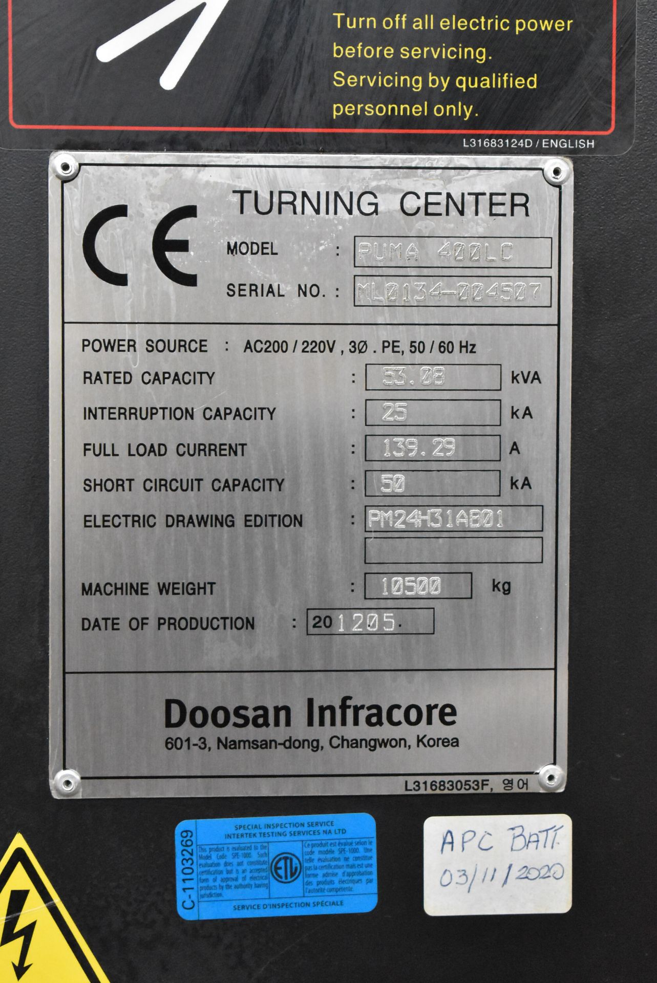 DOOSAN (2012) PUMA 400-LC CNC TURNING CENTER WITH DOOSAN-FANUC I SERIES CNC CONTROL, 20" 3-JAW - Image 12 of 12