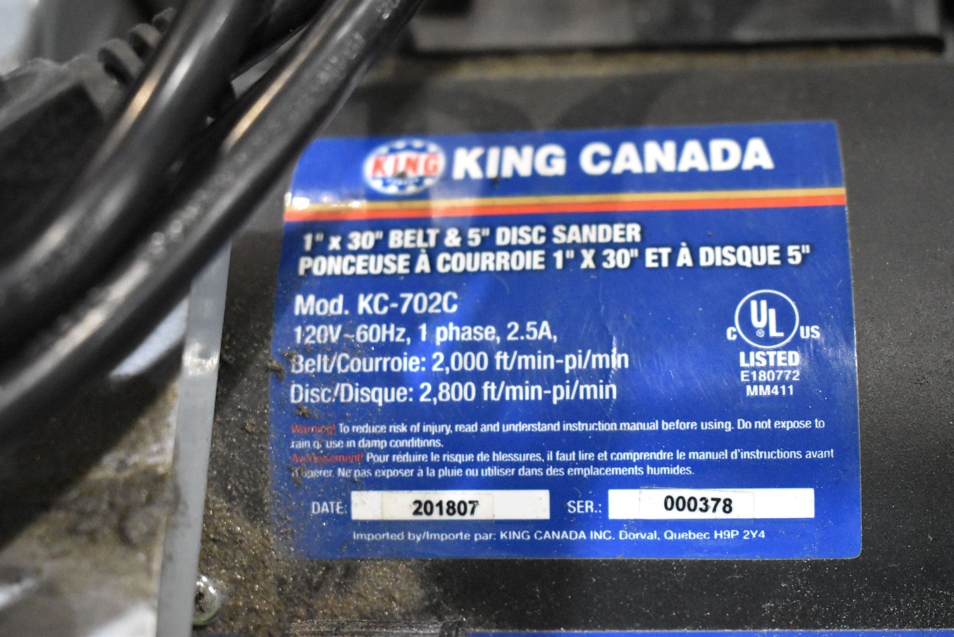 LOT/ (2) KING CANADA KC-702C BENCH-TYPE COMBINATION SANDERS WITH 5" DISC, 1" BELT - Image 4 of 5