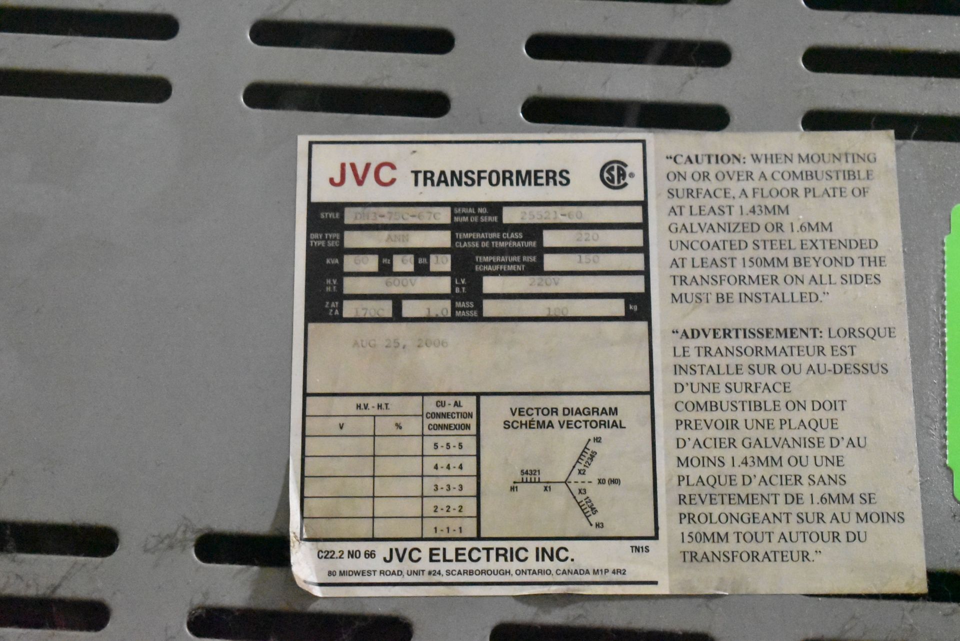 JVC 60 KVA TRANSFORMER WITH 600HV/220LV/3PH/60HZ, S/N: 25521-60 (CI)[RIGGING FEE FOR LOT #47 - $50 - Image 2 of 2