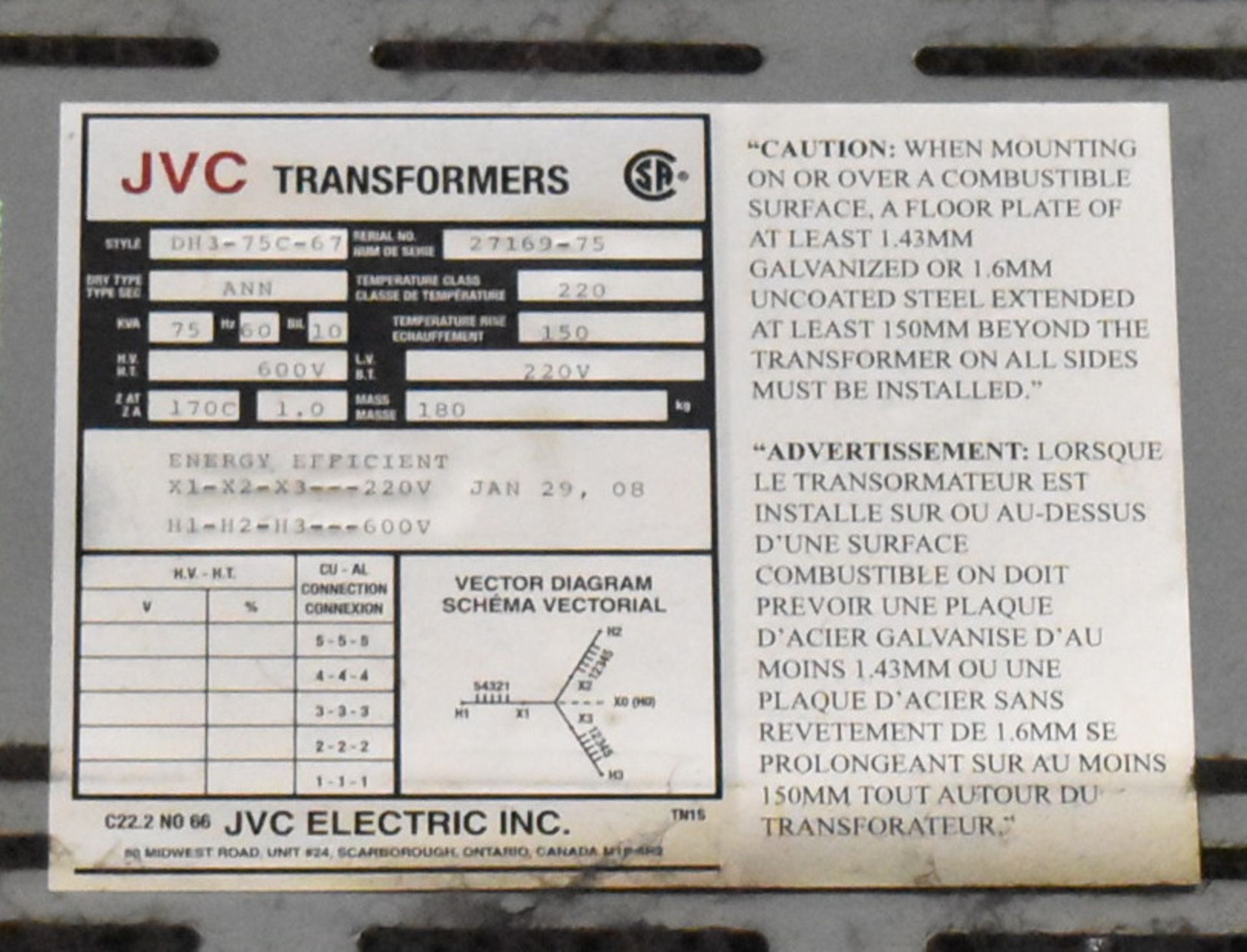 JVC 75 KVA TRANSFORMER WITH 600HV/220LV/3PH/60HZ, S/N: 27169-75 (CI)[RIGGING FEE FOR LOT #24 - $50 - Image 2 of 2