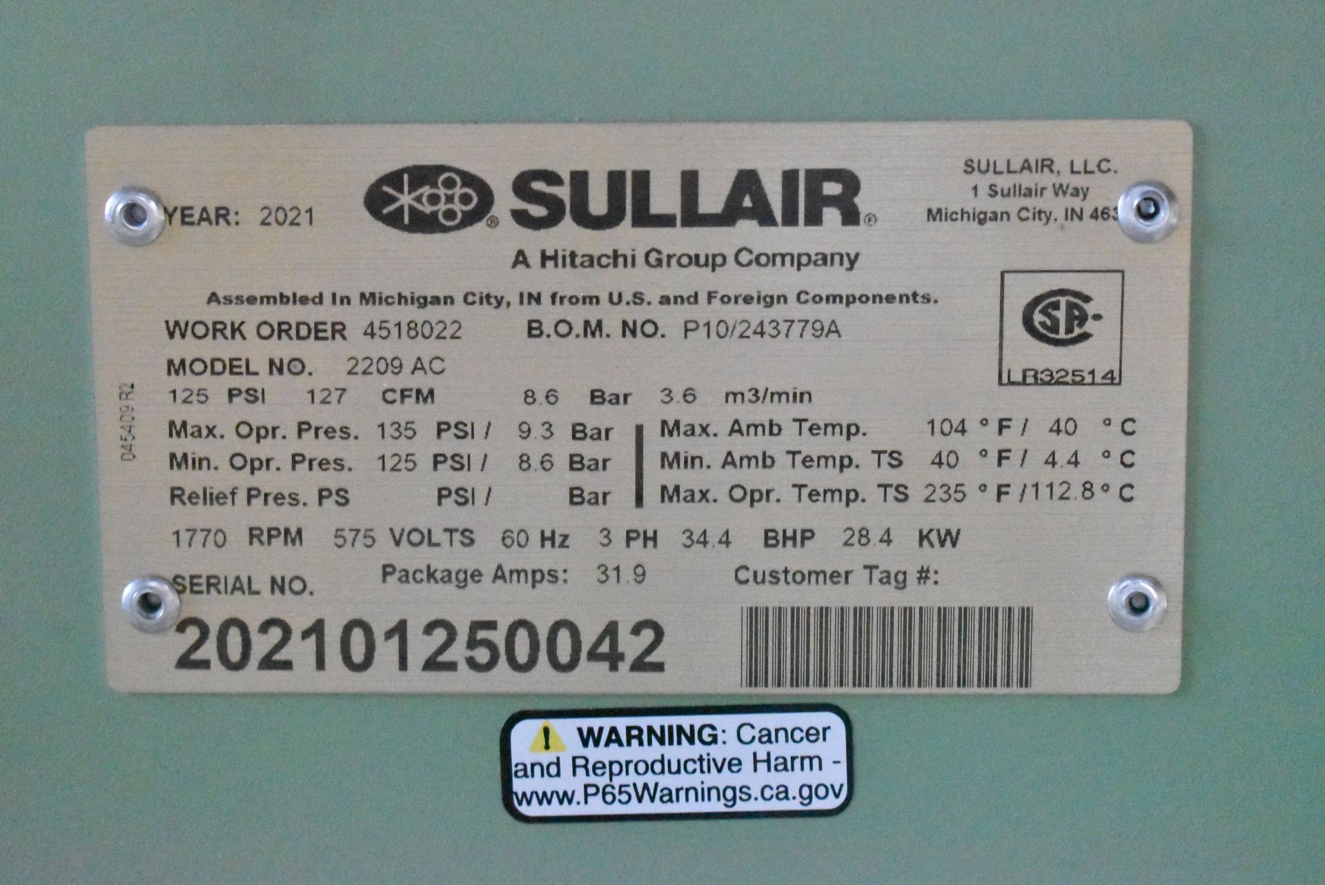 SULLAIR (2021) 2209AC 30 HP ROTARY SCREW AIR COMPRESSOR WITH 1770 RPM, 125 PSI OPERATING PRESSURE, - Image 5 of 5