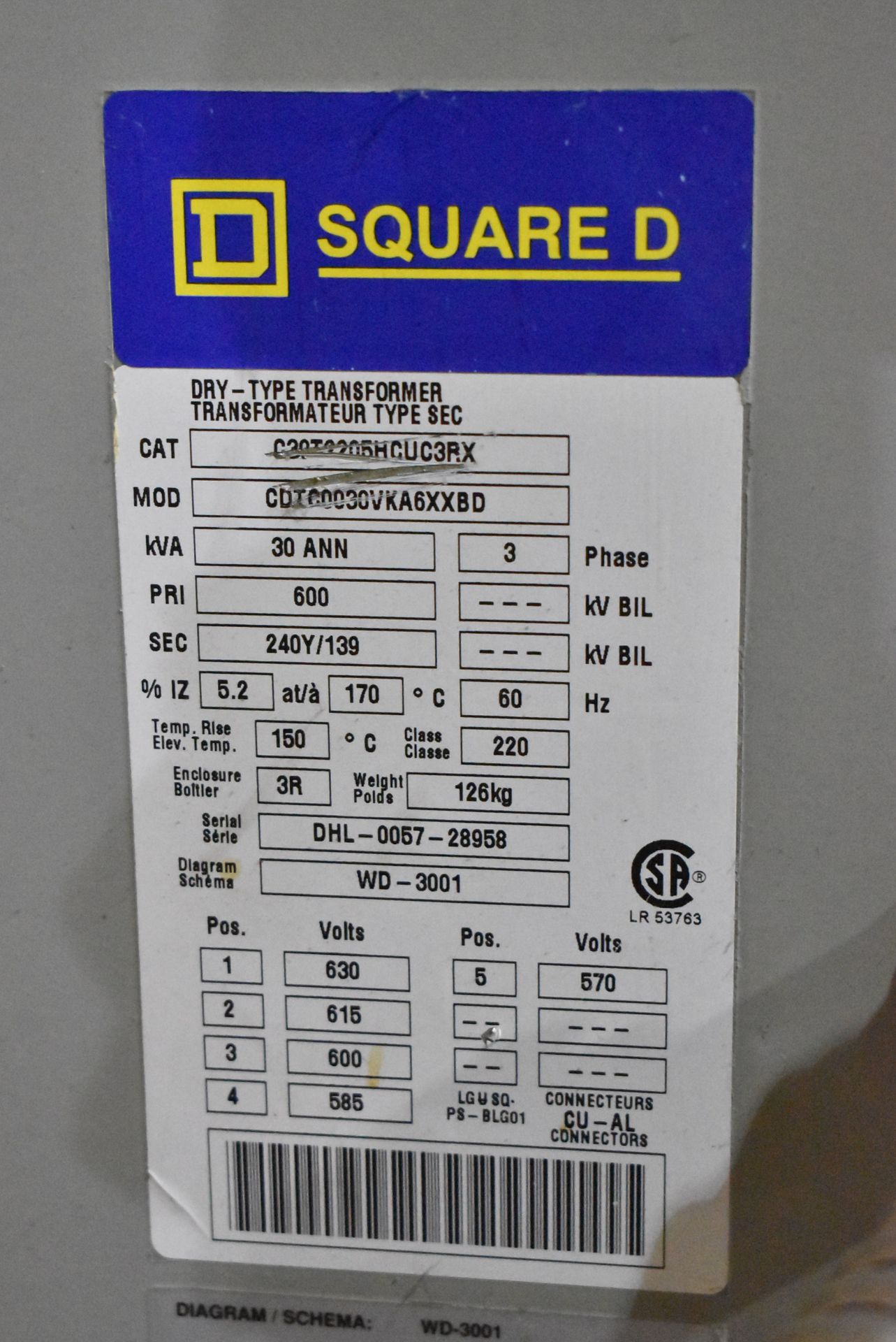 SQUARE D 30 KVA TRANSFORMER WITH 600HV/240Y-139LV/3PH/60HZ, S/N: DHL-0057-28958 (CI)[RIGGING FEE FOR - Image 2 of 2