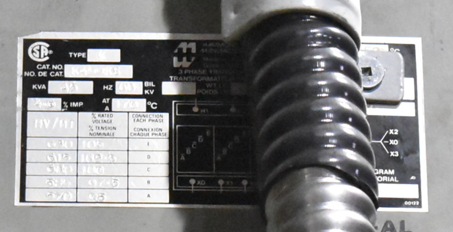 HAMMOND 45 KVA TRANSFORMER WITH 600V/3PH/60HZ, S/N: N/A (CI)[RIGGING FEE FOR LOT #28 - $50 CAD - Image 2 of 2