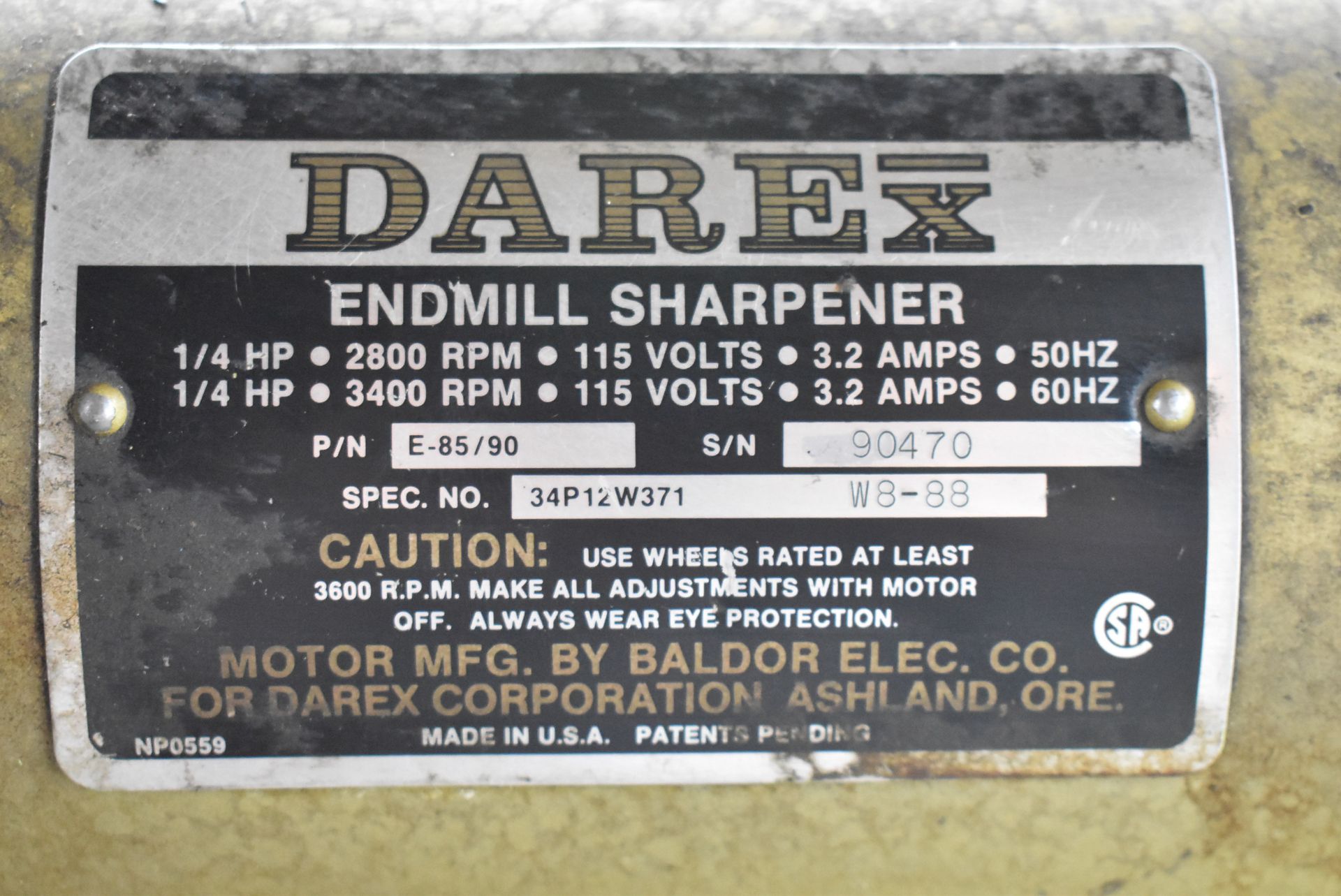 DAREX E-85/90 ENDMILL SHARPENER WITH 1/4 HP, 3400 RPM, S/N: 90470 - Image 4 of 4