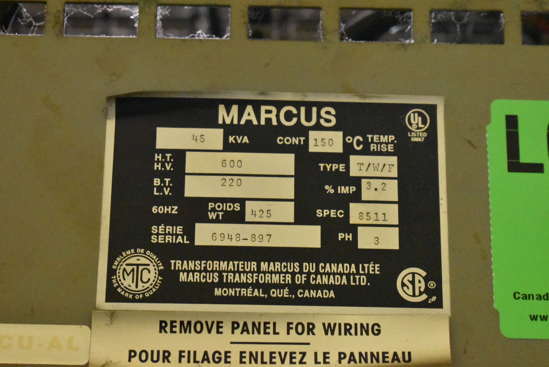 MARCUS 45 KVA TRANSFORMER WITH 600HV/220LV/3PH/60HZ, S/N: 6948-897 (CI)[RIGGING FEE FOR LOT #49 - $ - Image 2 of 2